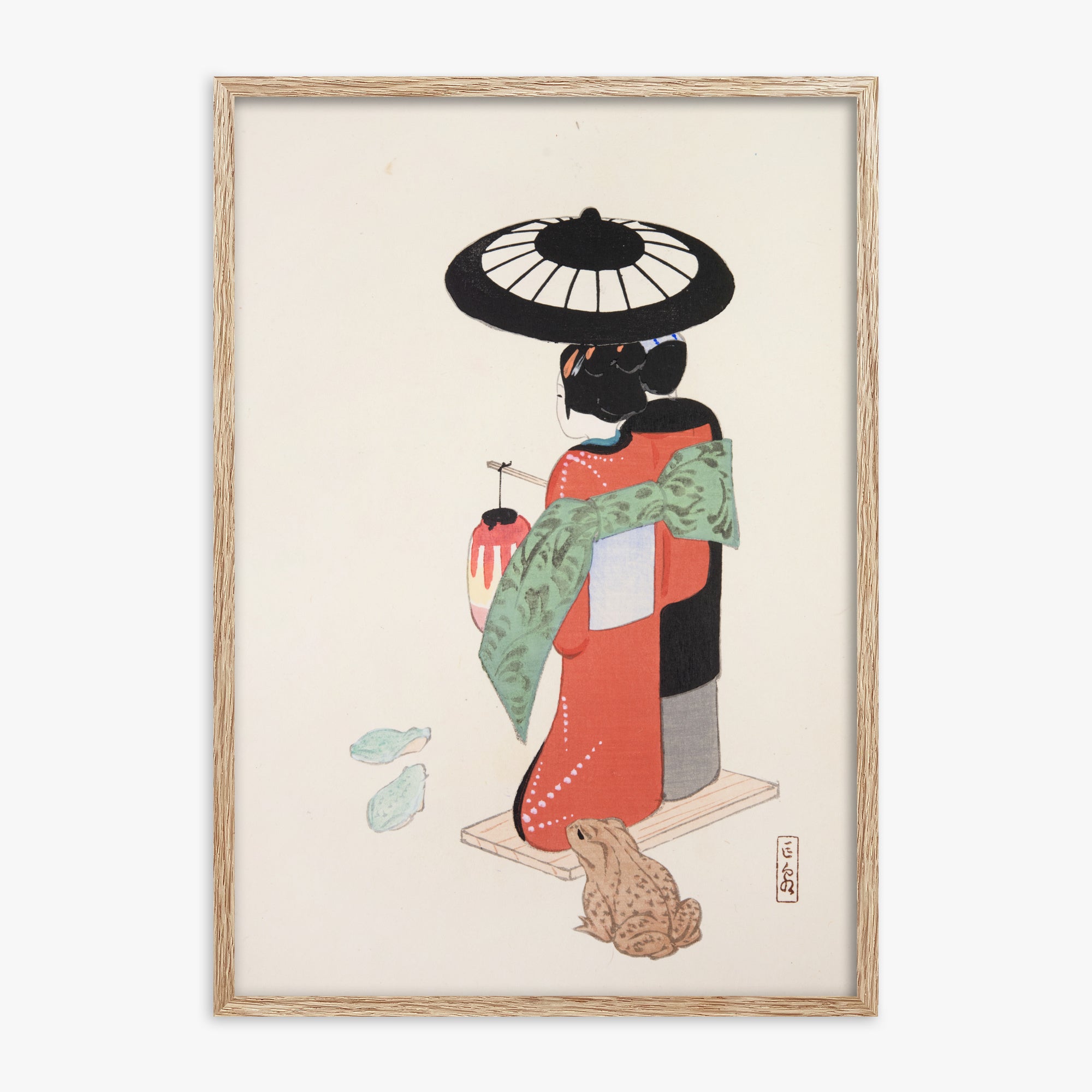 Kawasaki Kyosen: Kyosen’s Collected Illustrations of Japanese Toys Nr. 20 ("Serene Geisha Garden"), 70x100cm Framed Art Reproduction With Raw Oak Frame