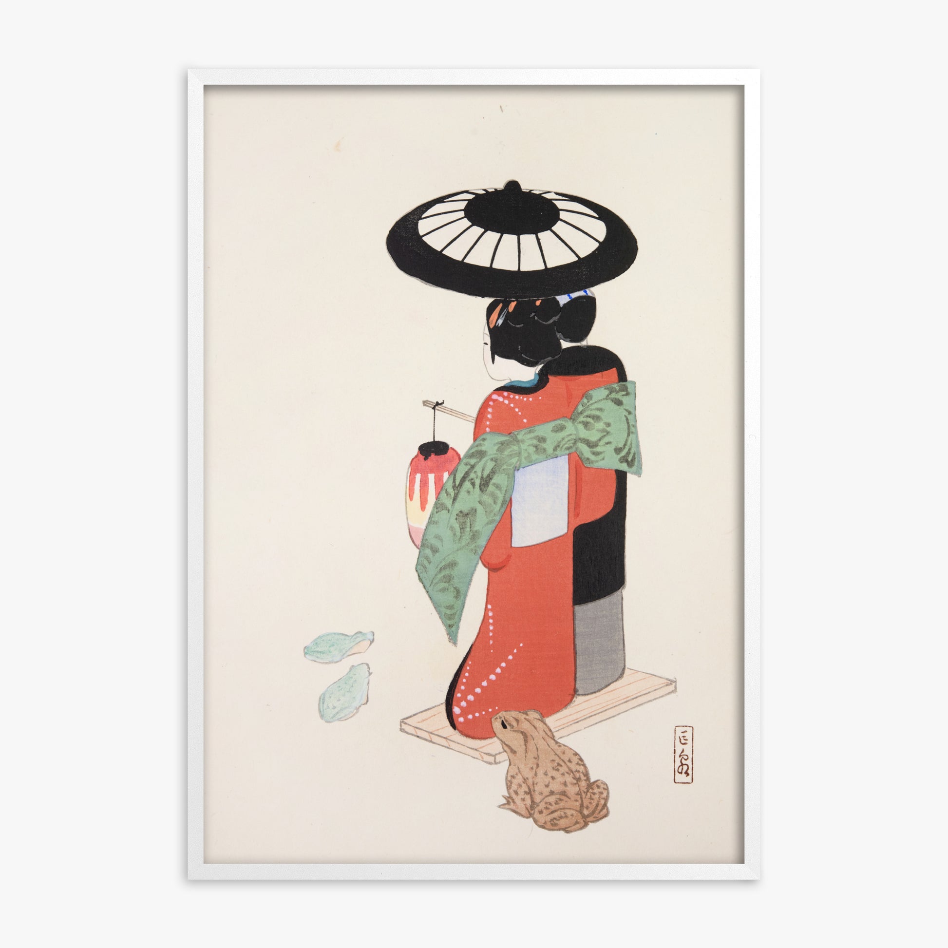 Kawasaki Kyosen: Kyosen’s Collected Illustrations of Japanese Toys Nr. 20 ("Serene Geisha Garden"), White Framed Art Reproduction With White Frame