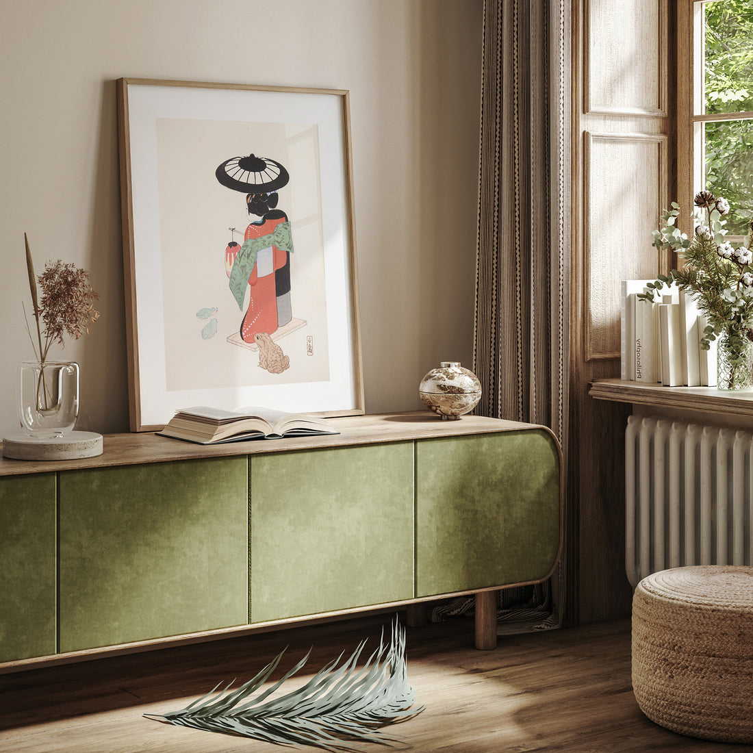Kawasaki Kyosen: Kyosen’s Collected Illustrations of Japanese Toys Nr. 20 ("Serene Geisha Garden"), 50x70cm Framed Art Reproduction With Black Frame