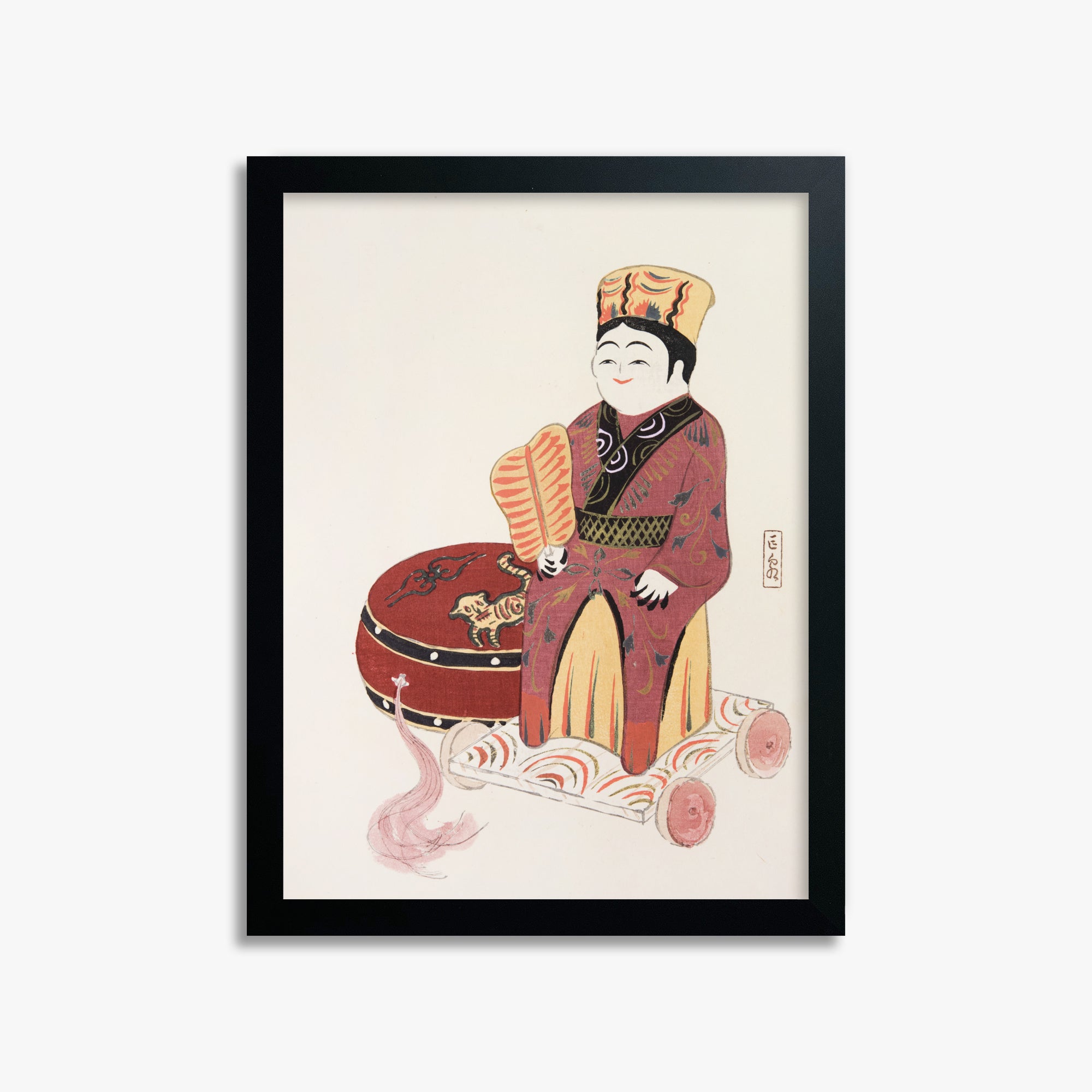 Kawasaki Kyosen: Kyosen’s Collected Illustrations of Japanese Toys Nr. 22 ("Serene Journey Through Ancient Traditions"), 30x40cm Framed Art Reproduction With Black Frame