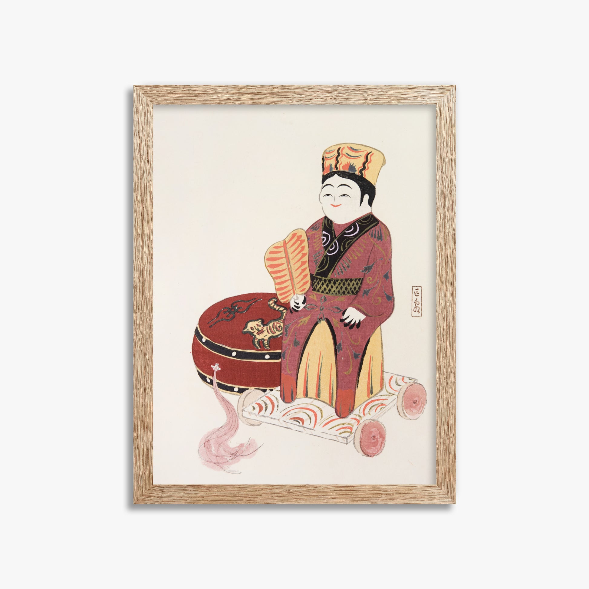 Kawasaki Kyosen: Kyosen’s Collected Illustrations of Japanese Toys Nr. 22 ("Serene Journey Through Ancient Traditions"), 30x40cm Framed Art Reproduction With Raw Oak Frame