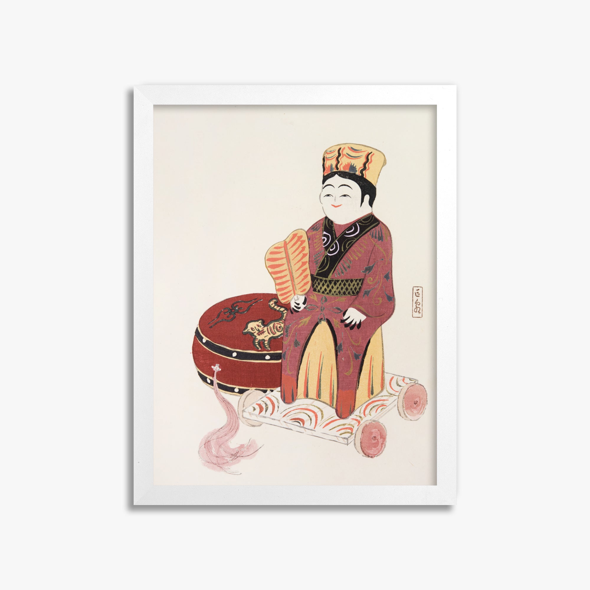 Kawasaki Kyosen: Kyosen’s Collected Illustrations of Japanese Toys Nr. 22 ("Serene Journey Through Ancient Traditions"), 30x40cm Framed Art Reproduction With White Frame
