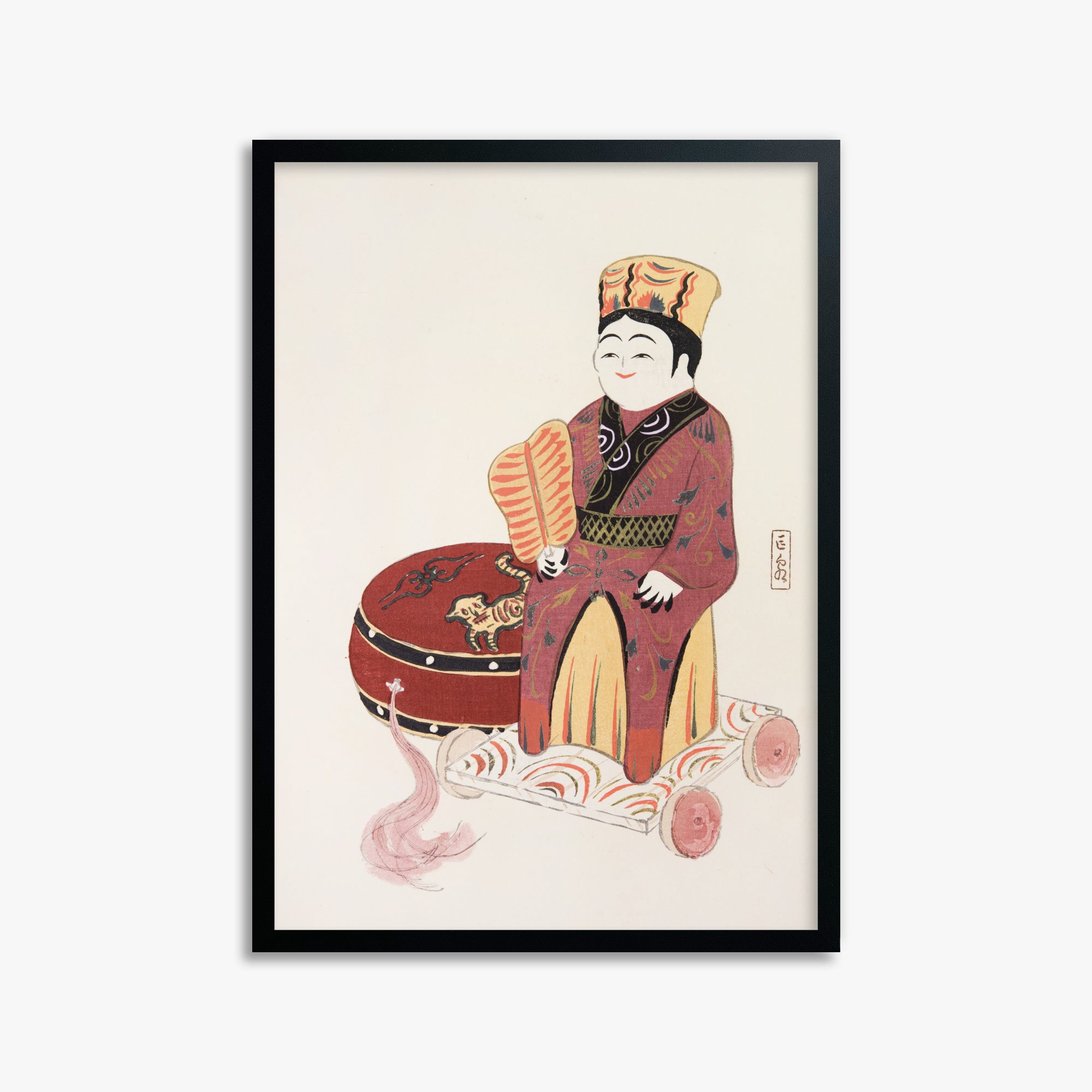 Kawasaki Kyosen: Kyosen’s Collected Illustrations of Japanese Toys Nr. 22 ("Serene Journey Through Ancient Traditions"), 50x70cm Framed Art Reproduction With Black Frame