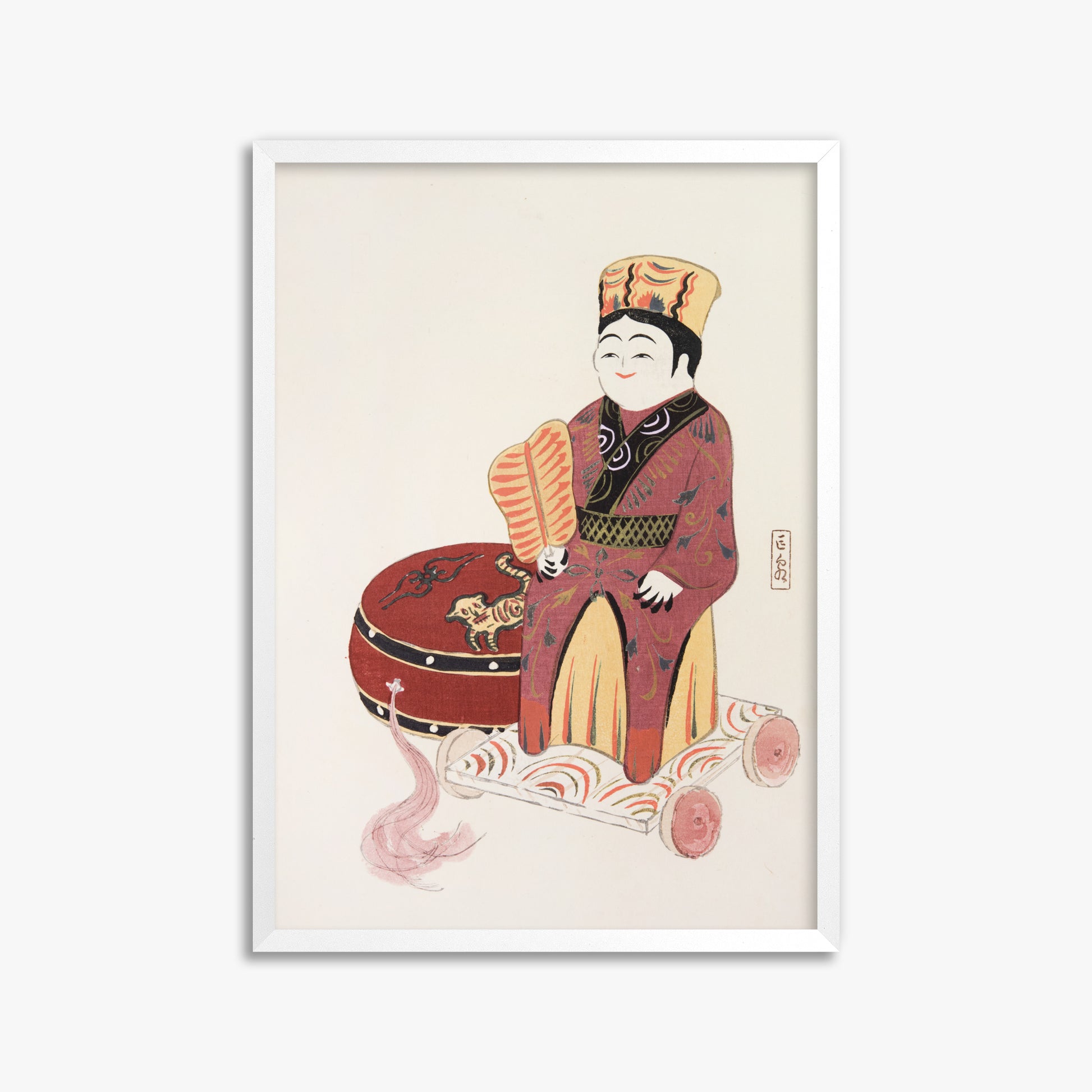 Kawasaki Kyosen: Kyosen’s Collected Illustrations of Japanese Toys Nr. 22 ("Serene Journey Through Ancient Traditions"), 50x70cm Framed Art Reproduction With White Frame
