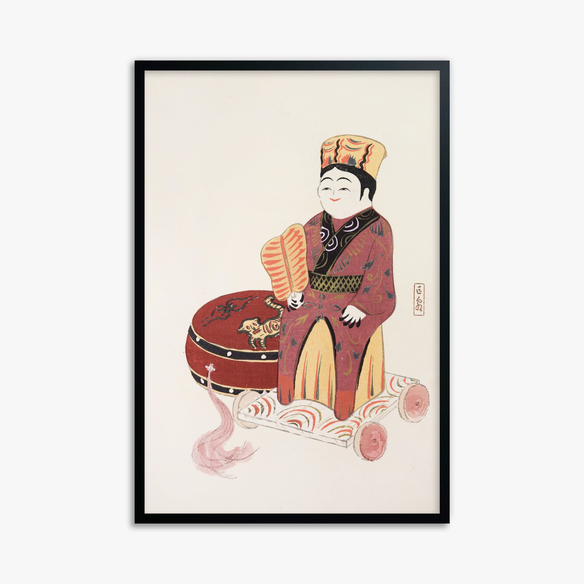 Kawasaki Kyosen: Kyosen’s Collected Illustrations of Japanese Toys Nr. 22 ("Serene Journey Through Ancient Traditions"), 61x91cm Framed Art Reproduction With Black Frame