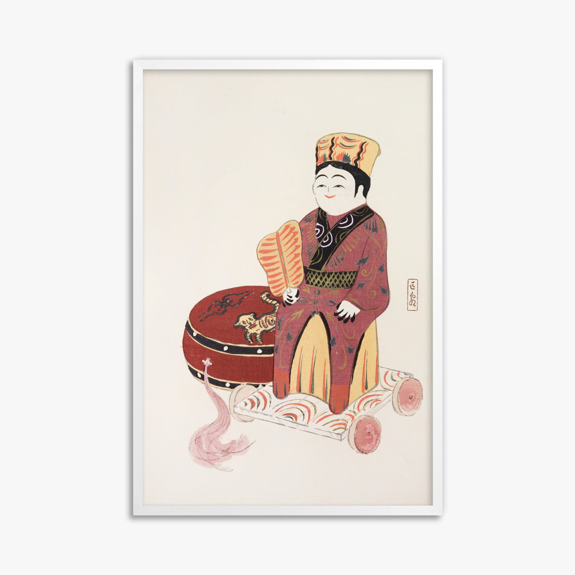 Kawasaki Kyosen: Kyosen’s Collected Illustrations of Japanese Toys Nr. 22 ("Serene Journey Through Ancient Traditions"), 61x91cm Framed Art Reproduction With White Frame
