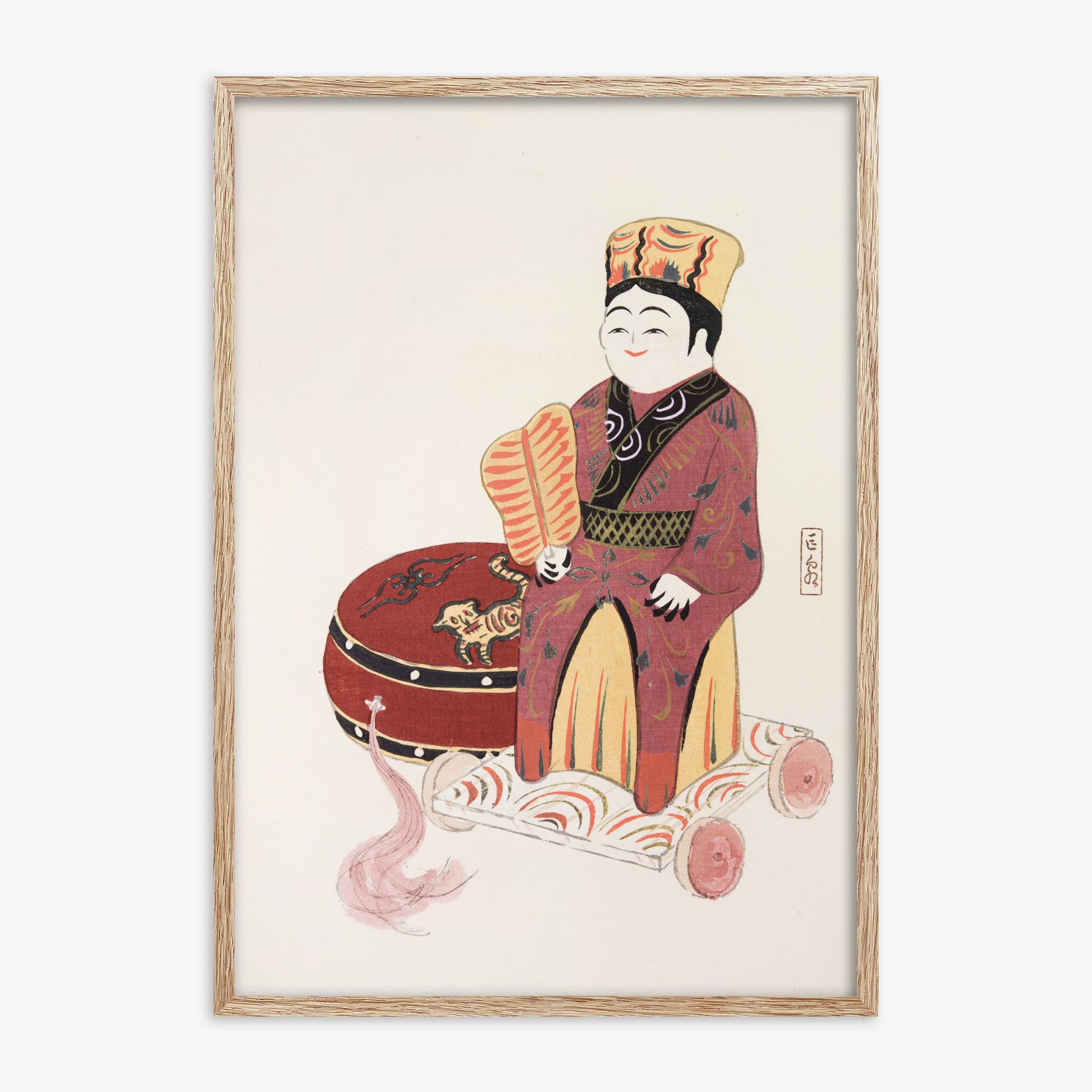 Kawasaki Kyosen: Kyosen’s Collected Illustrations of Japanese Toys Nr. 22 ("Serene Journey Through Ancient Traditions"), 70x100cm Framed Art Reproduction With Raw Oak Frame