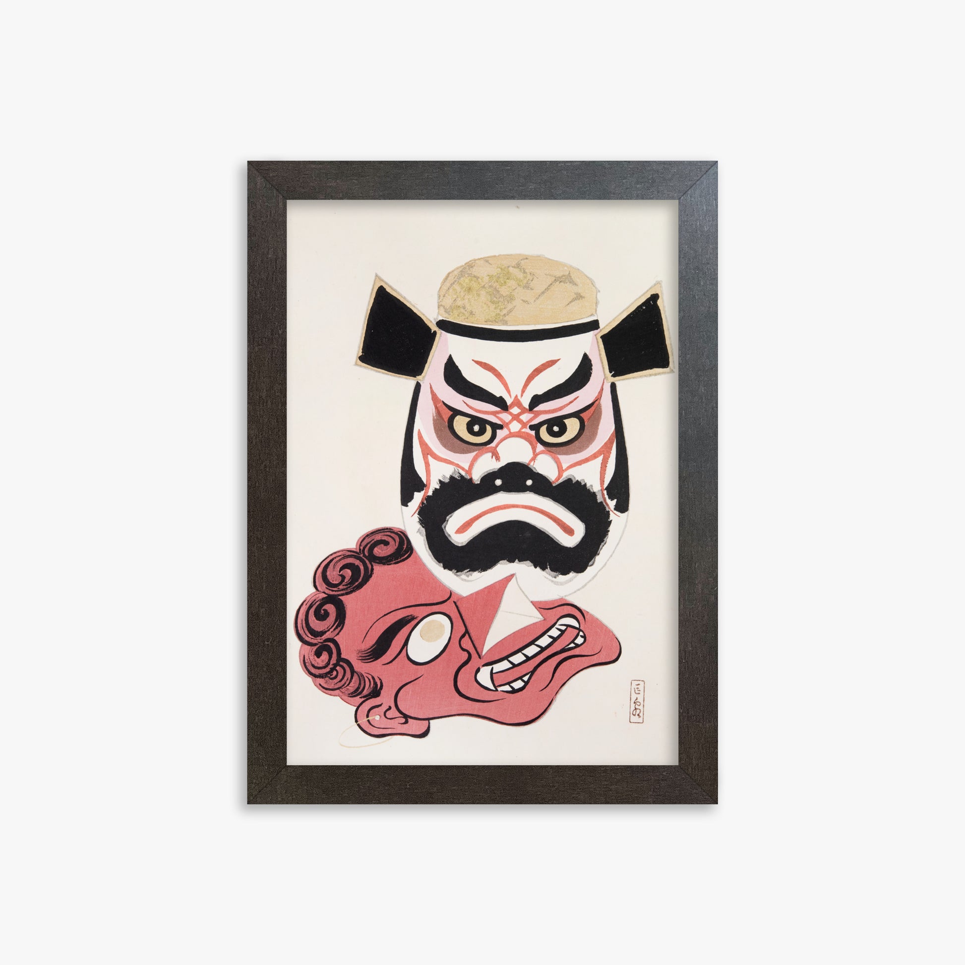 Kawasaki Kyosen: Kyosen’s Collected Illustrations of Japanese Toys Nr. 24 ("Kabuki Warrior Spirit"), 21x30cm Framed Art Reproduction With Espresso Frame