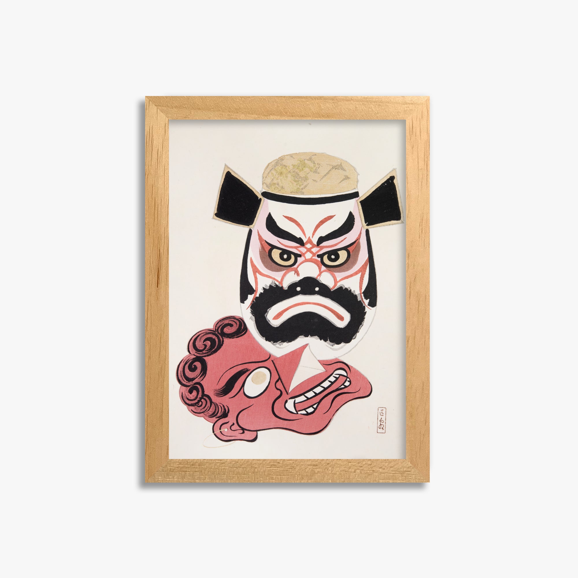 Kawasaki Kyosen: Kyosen’s Collected Illustrations of Japanese Toys Nr. 24 ("Kabuki Warrior Spirit"), 21x30cm Framed Art Reproduction With Oak Frame