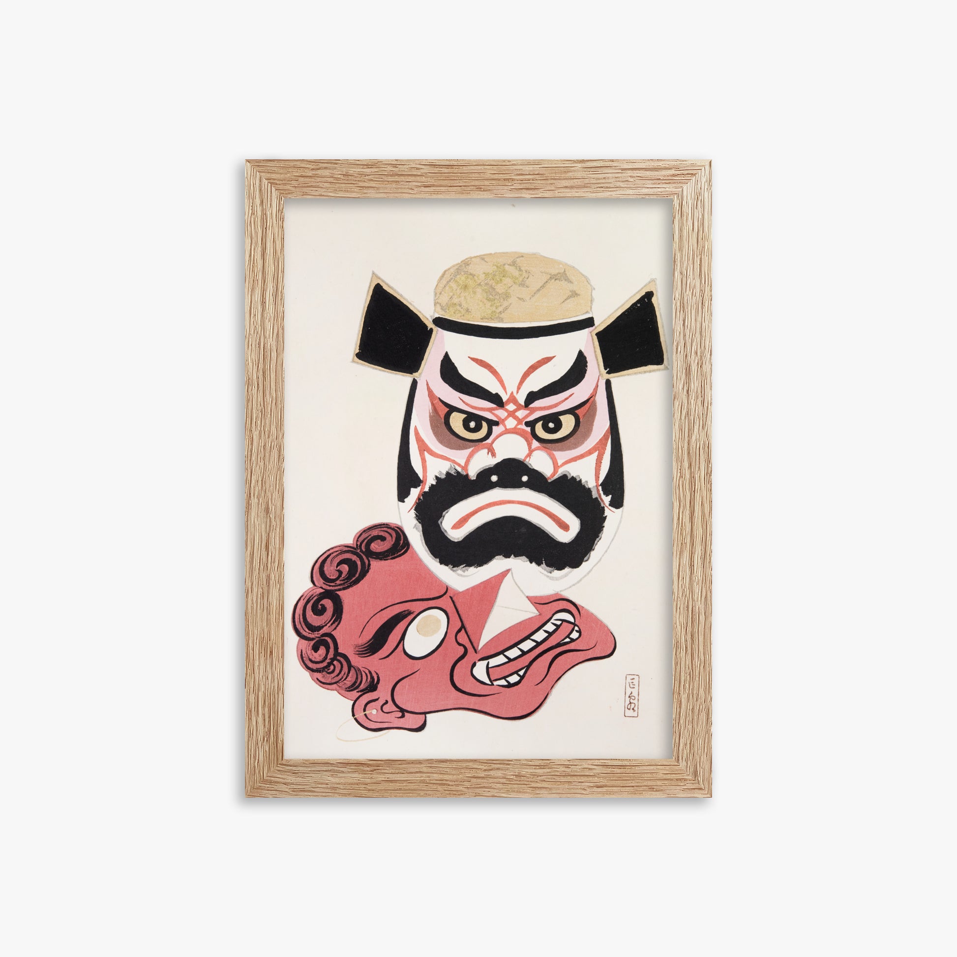 Kawasaki Kyosen: Kyosen’s Collected Illustrations of Japanese Toys Nr. 24 ("Kabuki Warrior Spirit"), 21x30cm Framed Art Reproduction With Raw Oak Frame