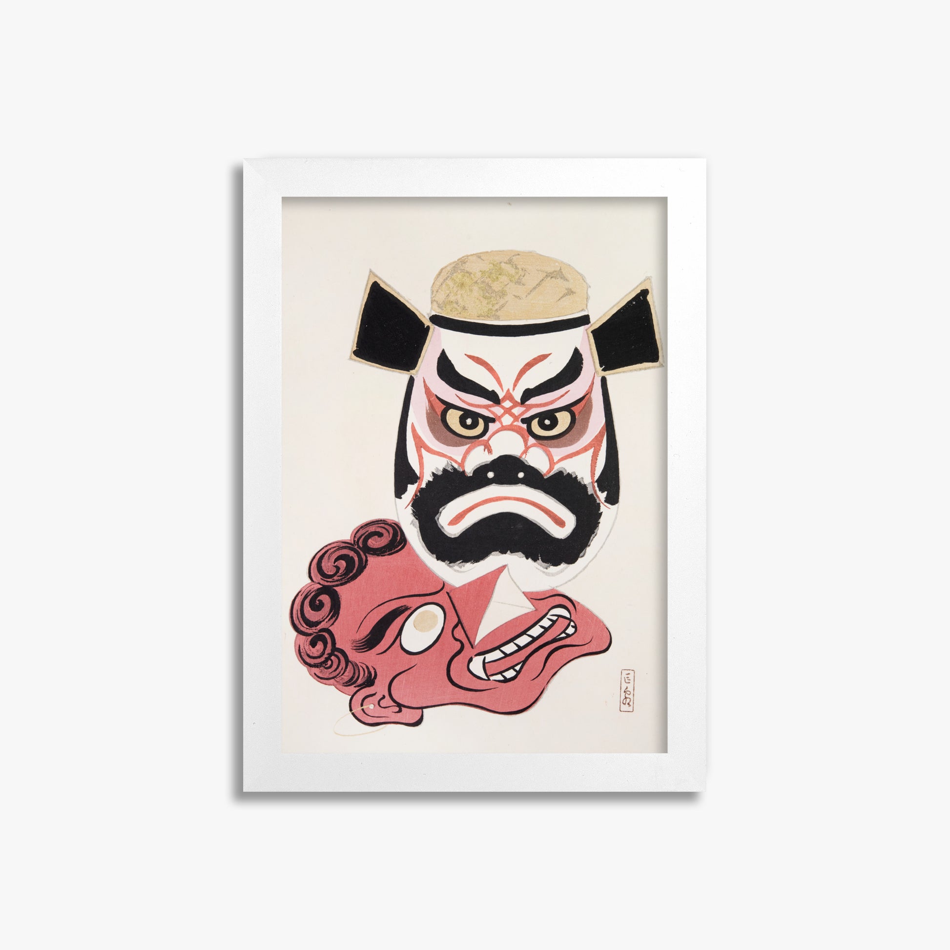 Kawasaki Kyosen: Kyosen’s Collected Illustrations of Japanese Toys Nr. 24 ("Kabuki Warrior Spirit"), 21x30cm Framed Art Reproduction With White Frame