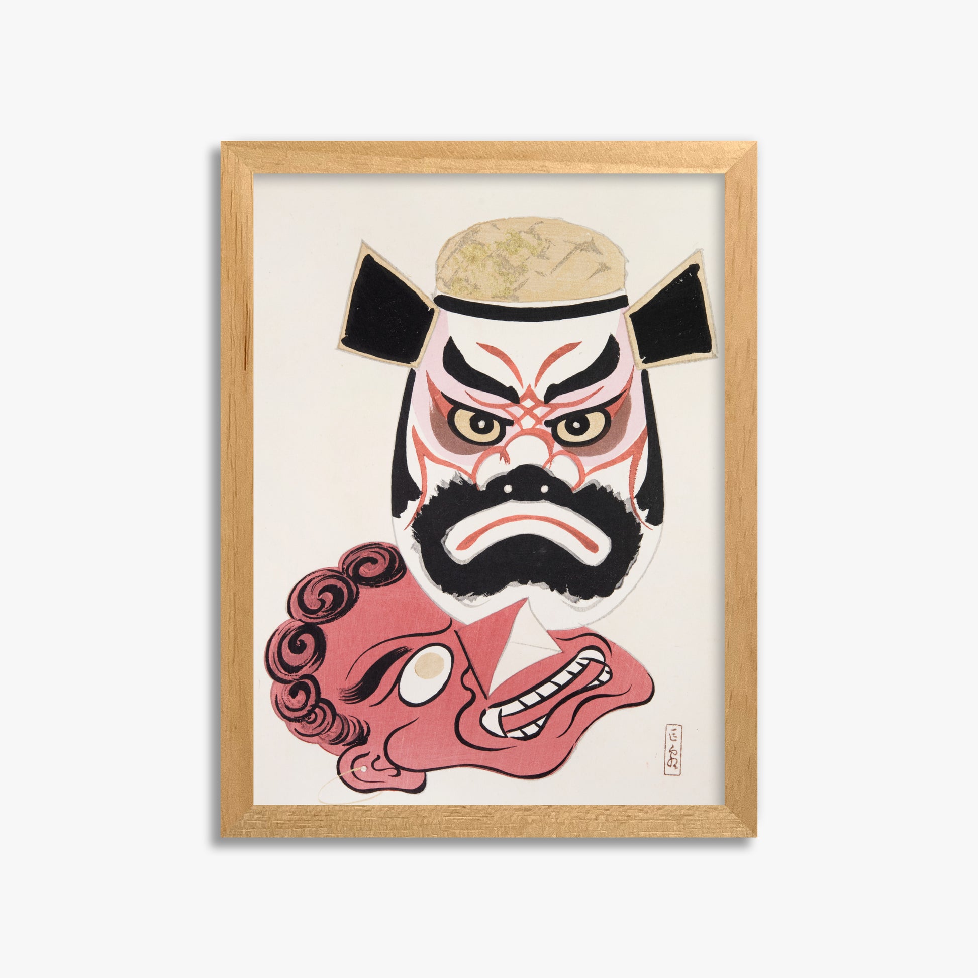 Kawasaki Kyosen: Kyosen’s Collected Illustrations of Japanese Toys Nr. 24 ("Kabuki Warrior Spirit"), 30x40cm Framed Art Reproduction With Oak Frame