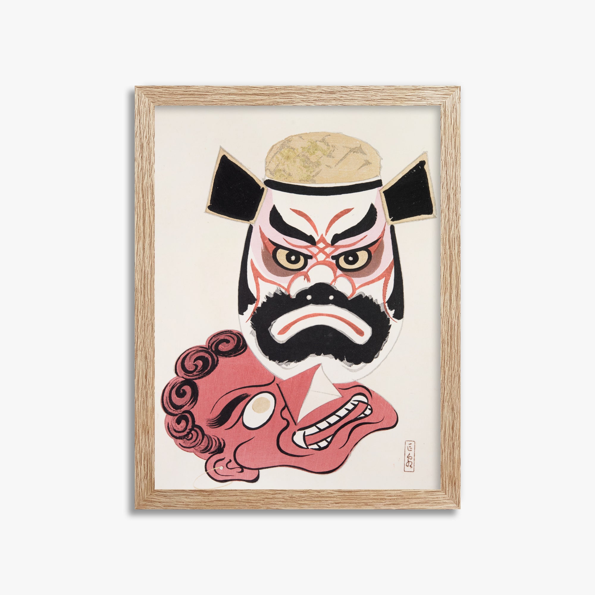 Kawasaki Kyosen: Kyosen’s Collected Illustrations of Japanese Toys Nr. 24 ("Kabuki Warrior Spirit"), 30x40cm Framed Art Reproduction With Raw Oak Frame