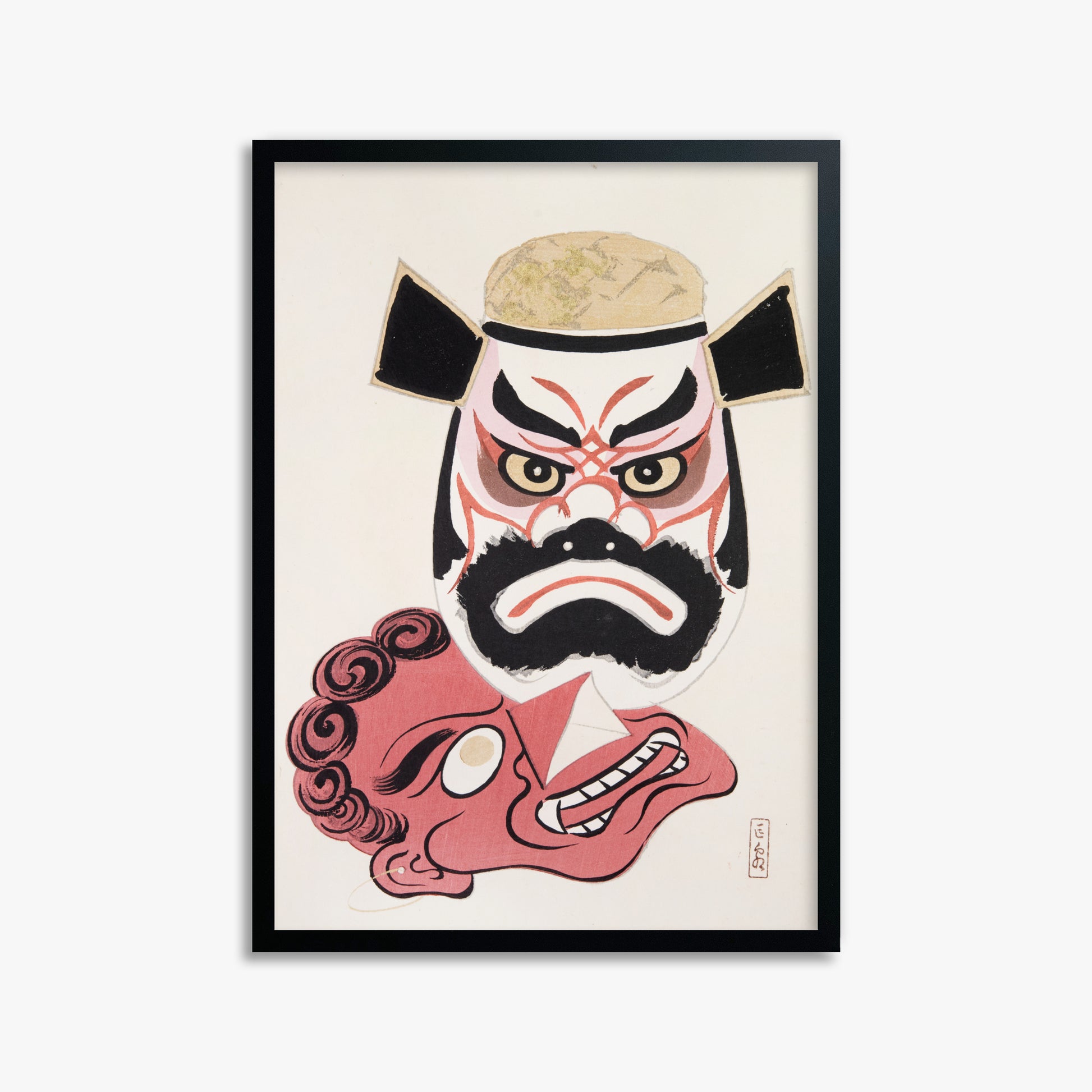 Kawasaki Kyosen: Kyosen’s Collected Illustrations of Japanese Toys Nr. 24 ("Kabuki Warrior Spirit"), 50x70cm Framed Art Reproduction With Black Frame