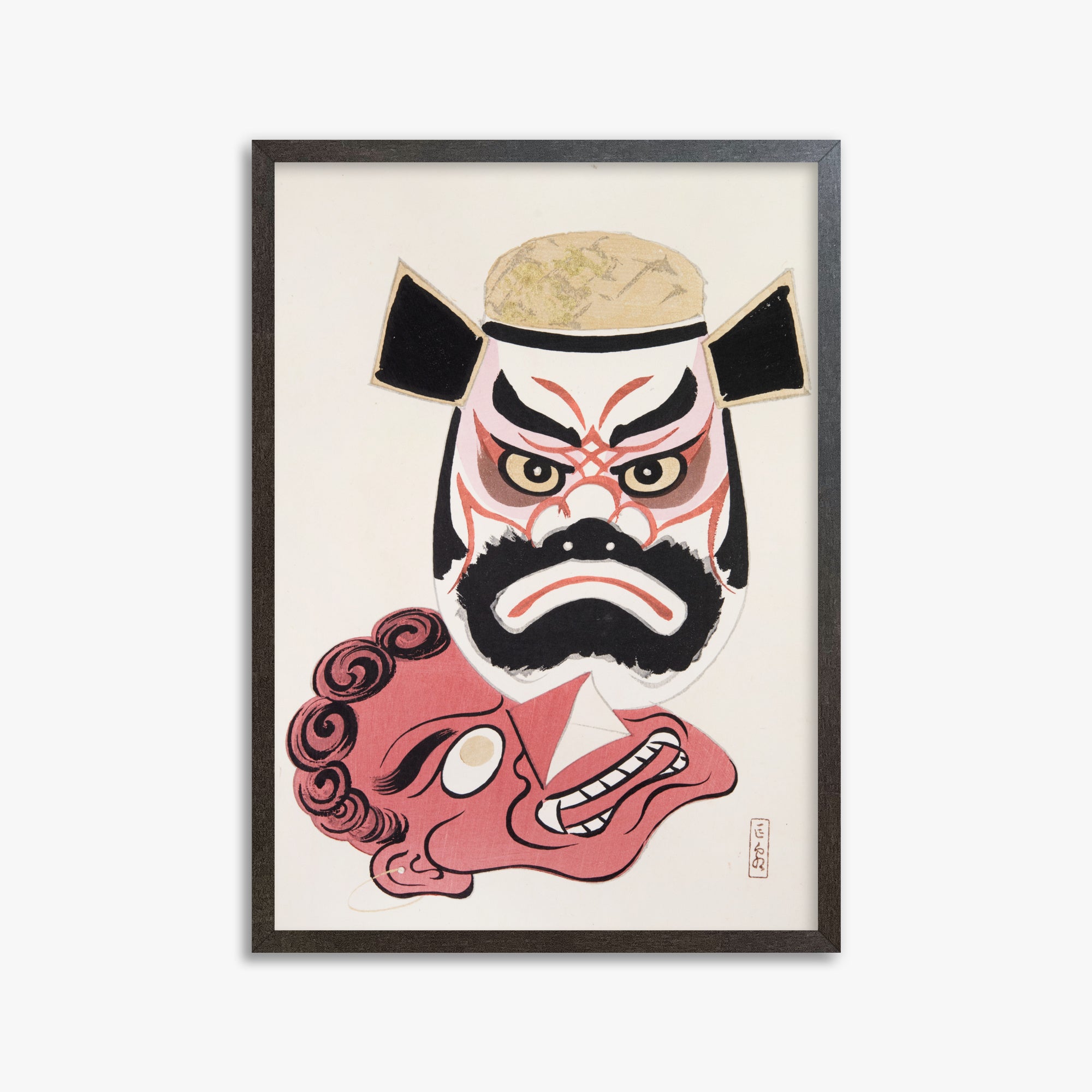Kawasaki Kyosen: Kyosen’s Collected Illustrations of Japanese Toys Nr. 24 ("Kabuki Warrior Spirit"), 50x70cm Framed Art Reproduction With Espresso Frame