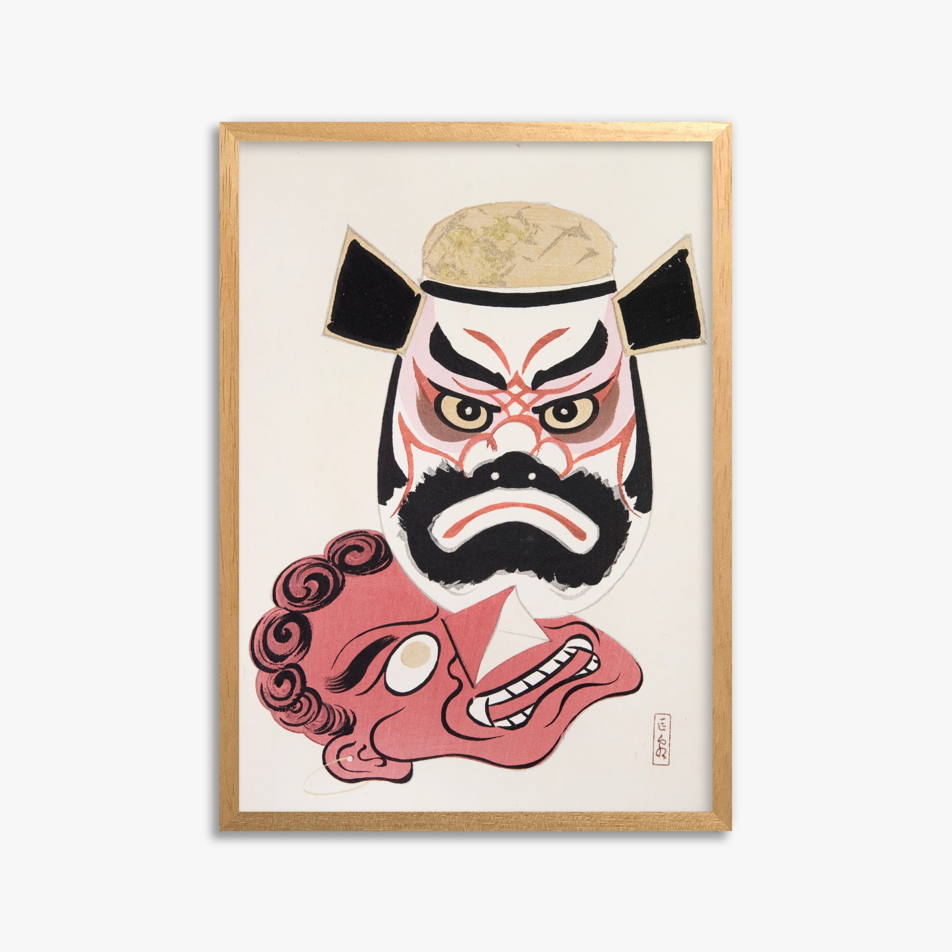 Kawasaki Kyosen: Kyosen’s Collected Illustrations of Japanese Toys Nr. 24 ("Kabuki Warrior Spirit"), 50x70cm Framed Art Reproduction With Oak Frame