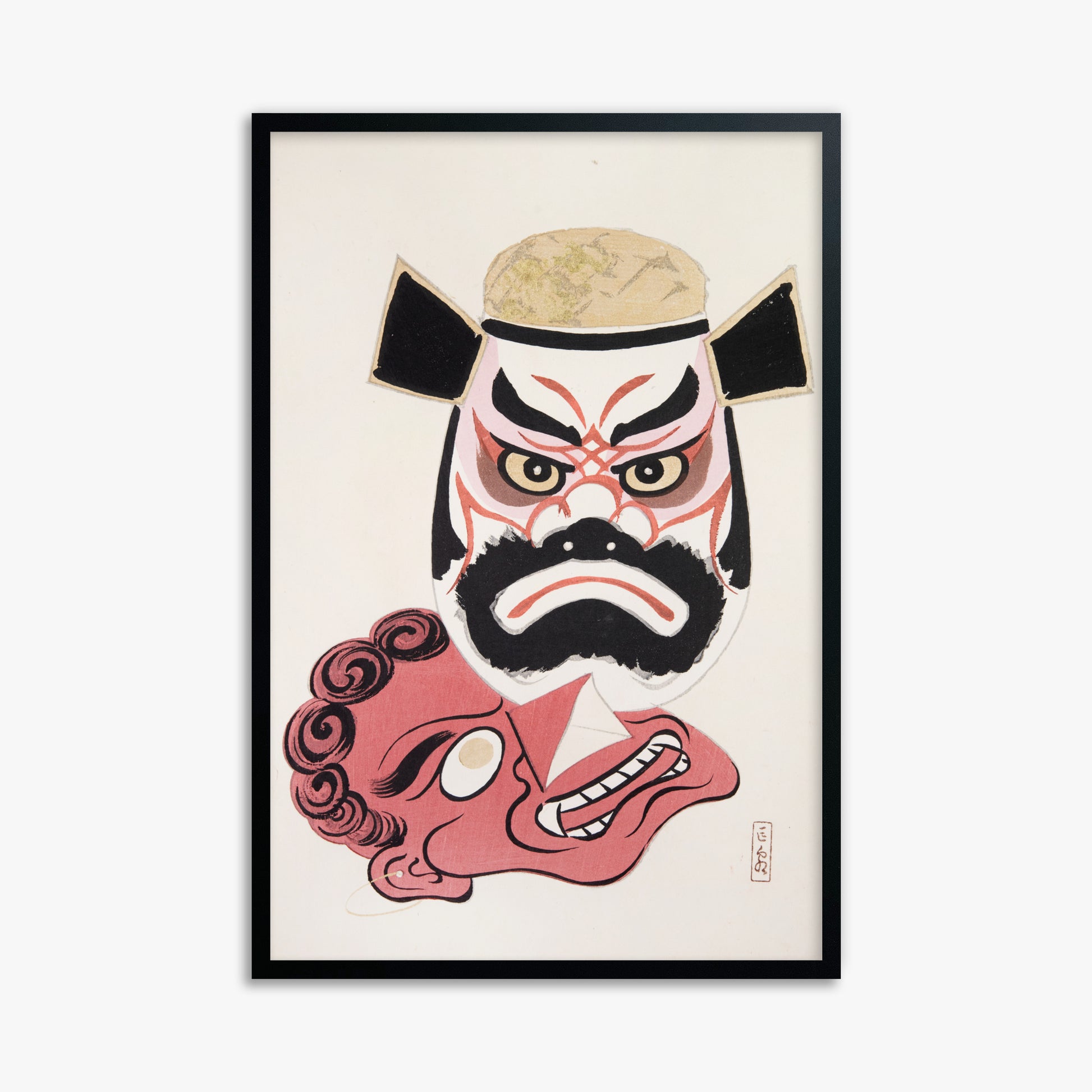 Kawasaki Kyosen: Kyosen’s Collected Illustrations of Japanese Toys Nr. 24 ("Kabuki Warrior Spirit"), 61x91cm Framed Art Reproduction With Black Frame