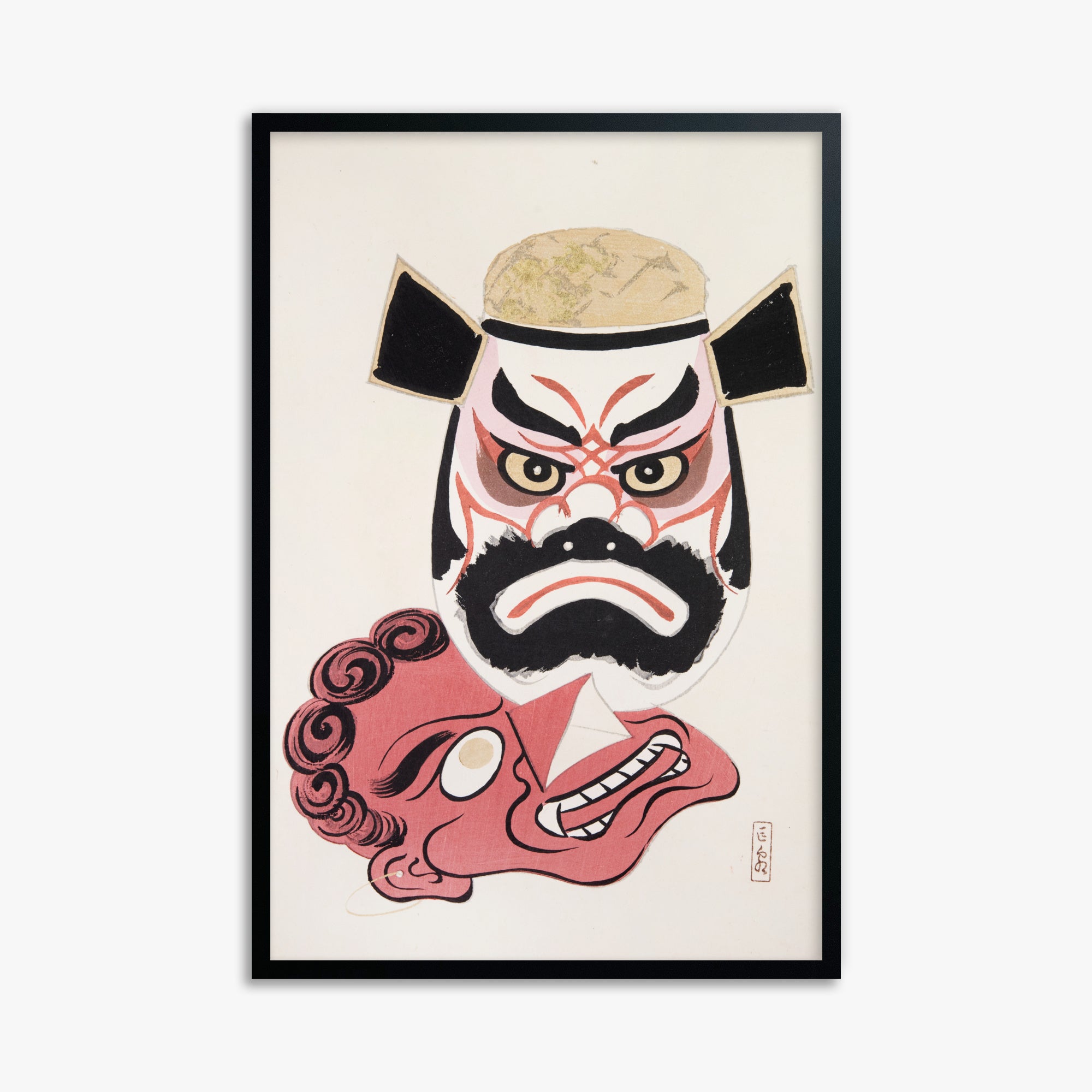 Kawasaki Kyosen: Kyosen’s Collected Illustrations of Japanese Toys Nr. 24 ("Kabuki Warrior Spirit"), 61x91cm Framed Art Reproduction With Black Frame