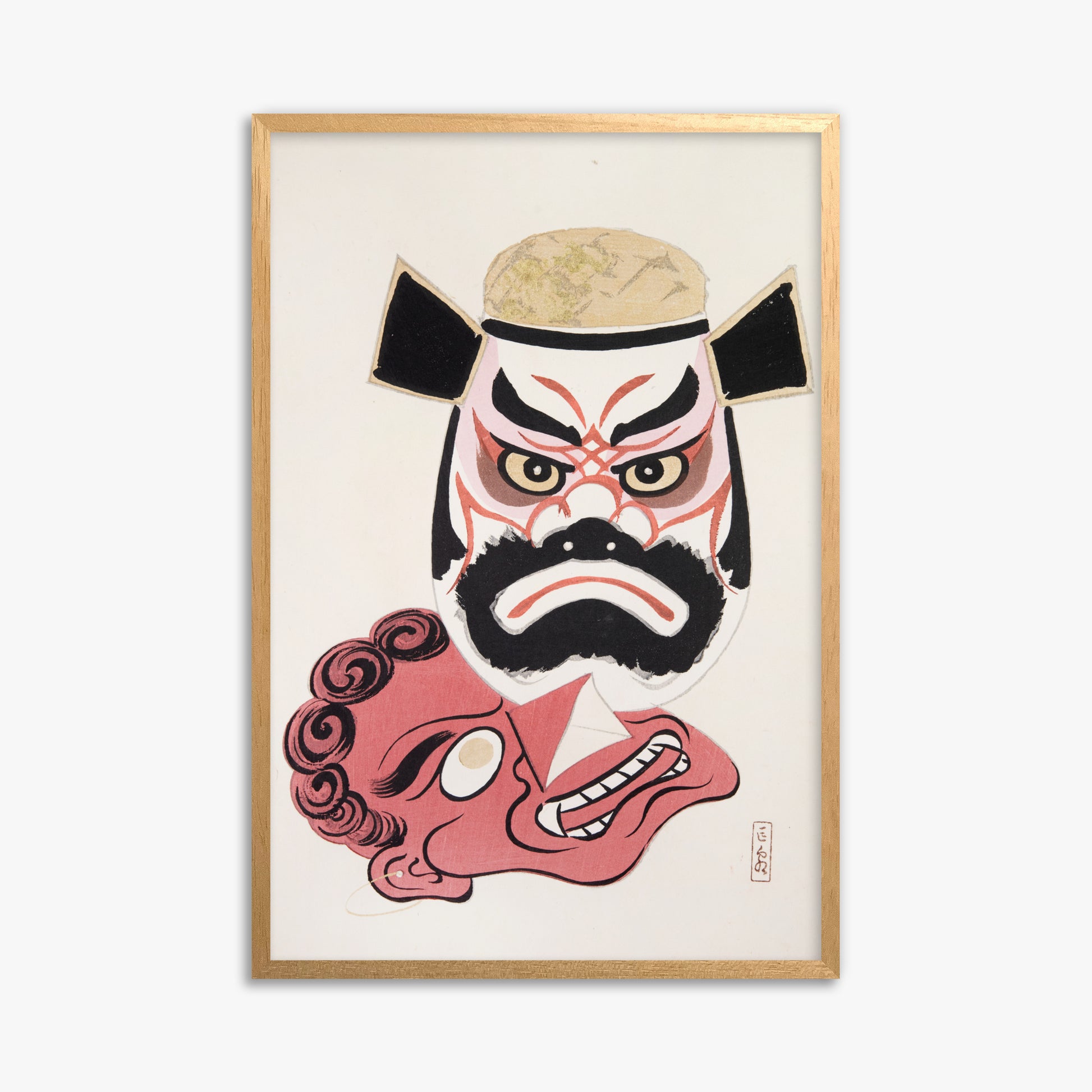 Kawasaki Kyosen: Kyosen’s Collected Illustrations of Japanese Toys Nr. 24 ("Kabuki Warrior Spirit"), 61x91cm Framed Art Reproduction With Oak Frame