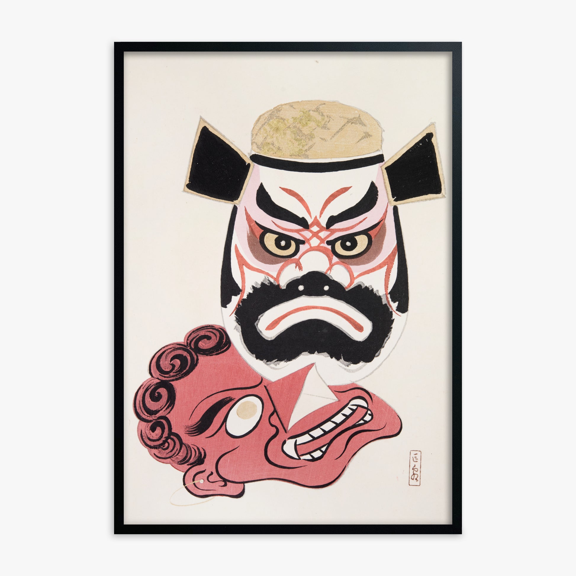 Kawasaki Kyosen: Kyosen’s Collected Illustrations of Japanese Toys Nr. 24 ("Kabuki Warrior Spirit"), Black Framed Art Reproduction With Black Frame