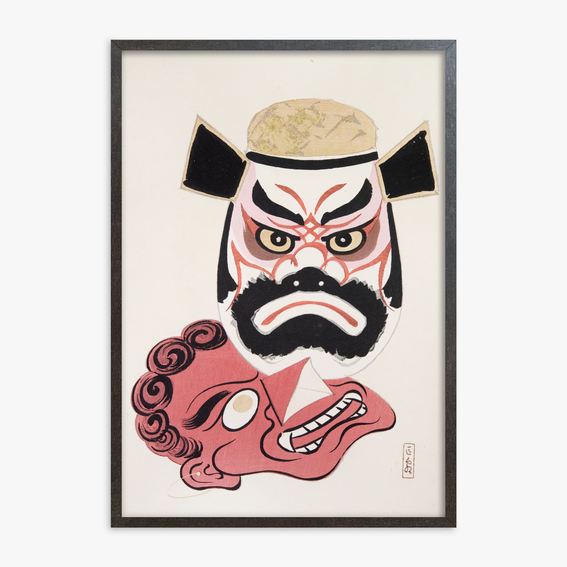 Kawasaki Kyosen: Kyosen’s Collected Illustrations of Japanese Toys Nr. 24 ("Kabuki Warrior Spirit"), 70x100cm Framed Art Reproduction With Espresso Frame
