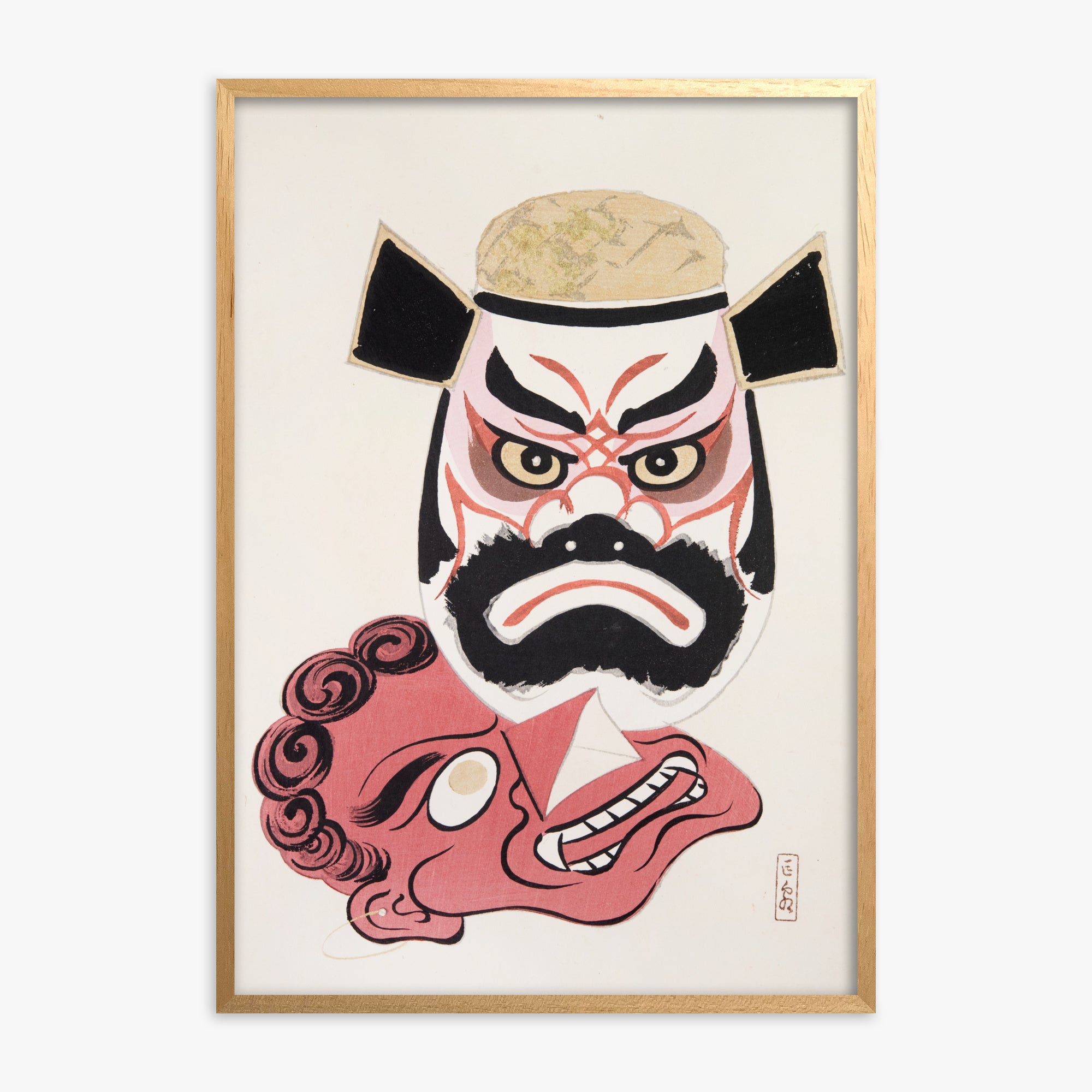 Kawasaki Kyosen: Kyosen’s Collected Illustrations of Japanese Toys Nr. 24 ("Kabuki Warrior Spirit"), Oak Framed Art Reproduction With Oak Frame