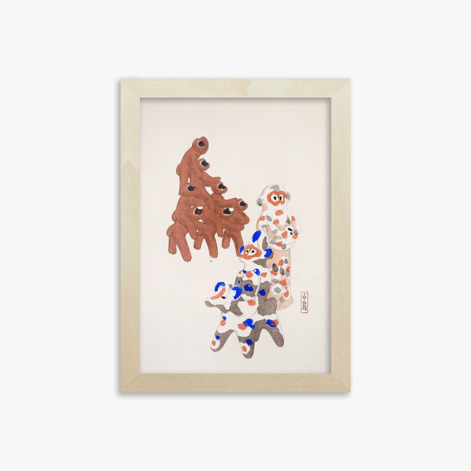 Kawasaki Kyosen: Kyosen’s Collected Illustrations of Japanese Toys Nr. 25 ("Clay Totem Duet"), 21x30cm Framed Art Reproduction With Lime Wood Frame