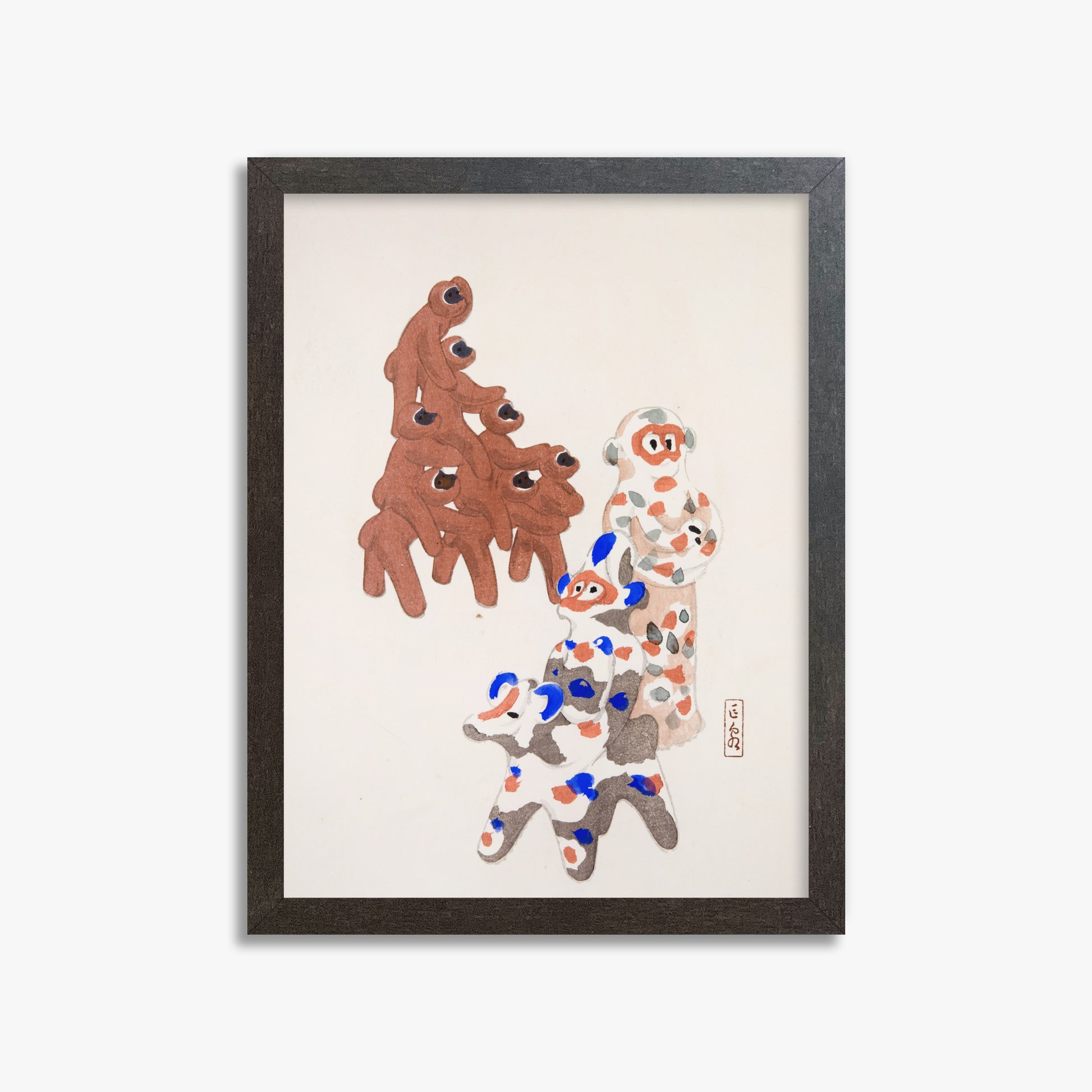 Kawasaki Kyosen: Kyosen’s Collected Illustrations of Japanese Toys Nr. 25 ("Clay Totem Duet"), 30x40cm Framed Art Reproduction With Espresso Frame