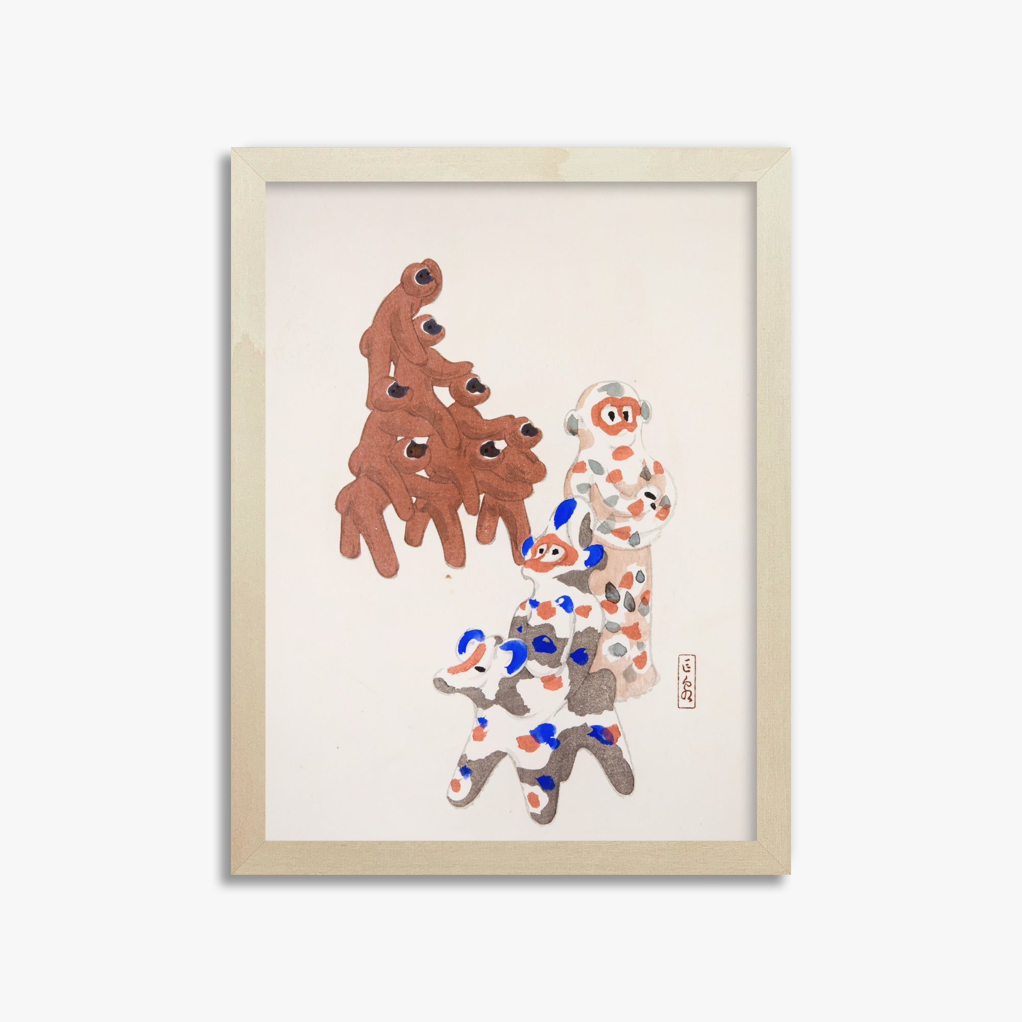 Kawasaki Kyosen: Kyosen’s Collected Illustrations of Japanese Toys Nr. 25 ("Clay Totem Duet"), 30x40cm Framed Art Reproduction With Lime Wood Frame