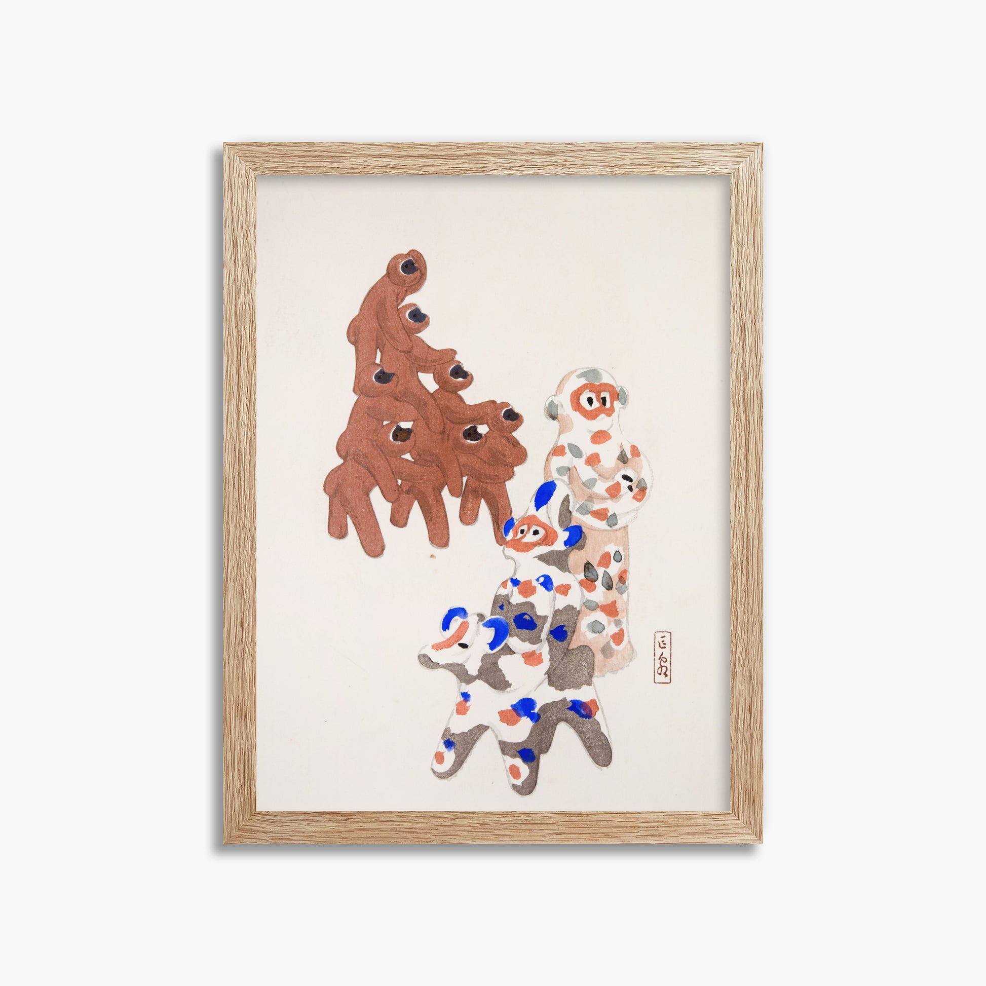 Kawasaki Kyosen: Kyosen’s Collected Illustrations of Japanese Toys Nr. 25 ("Clay Totem Duet"), 30x40cm Framed Art Reproduction With Raw Oak Frame