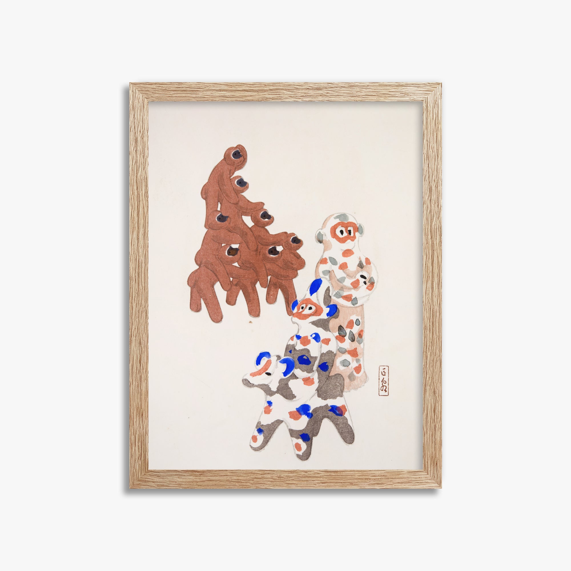 Kawasaki Kyosen: Kyosen’s Collected Illustrations of Japanese Toys Nr. 25 ("Clay Totem Duet"), 30x40cm Framed Art Reproduction With Raw Oak Frame