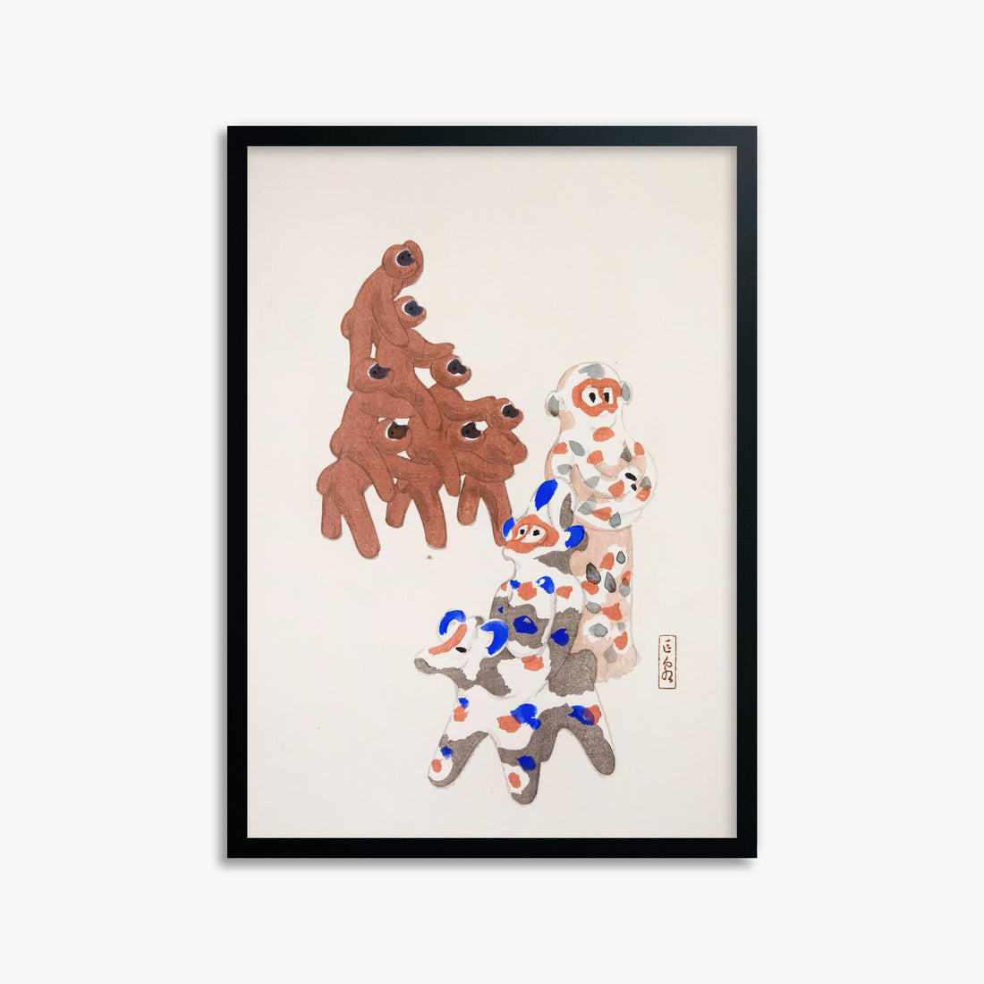 Kawasaki Kyosen: Kyosen’s Collected Illustrations of Japanese Toys Nr. 25 ("Clay Totem Duet"), 50x70cm Framed Art Reproduction With Black Frame