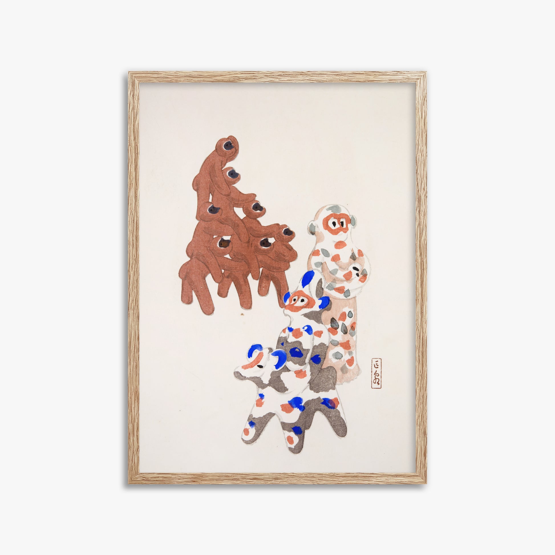 Kawasaki Kyosen: Kyosen’s Collected Illustrations of Japanese Toys Nr. 25 ("Clay Totem Duet"), 50x70cm Framed Art Reproduction With Raw Oak Frame
