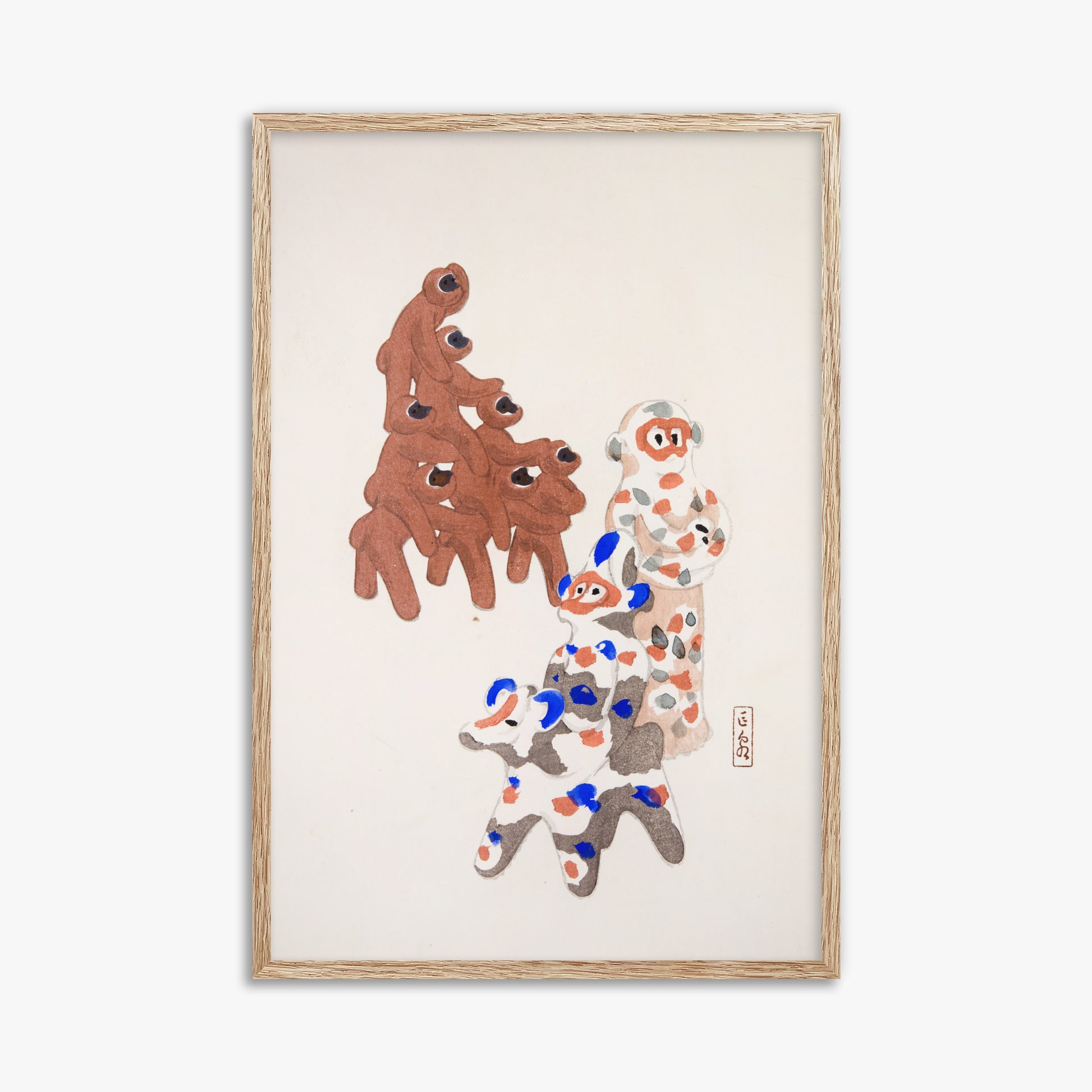 Kawasaki Kyosen: Kyosen’s Collected Illustrations of Japanese Toys Nr. 25 ("Clay Totem Duet"), 61x91cm Framed Art Reproduction With Raw Oak Frame