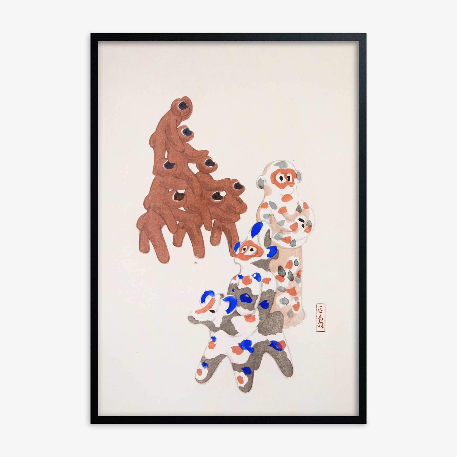 Kawasaki Kyosen: Kyosen’s Collected Illustrations of Japanese Toys Nr. 25 ("Clay Totem Duet"), Black Framed Art Reproduction With Black Frame
