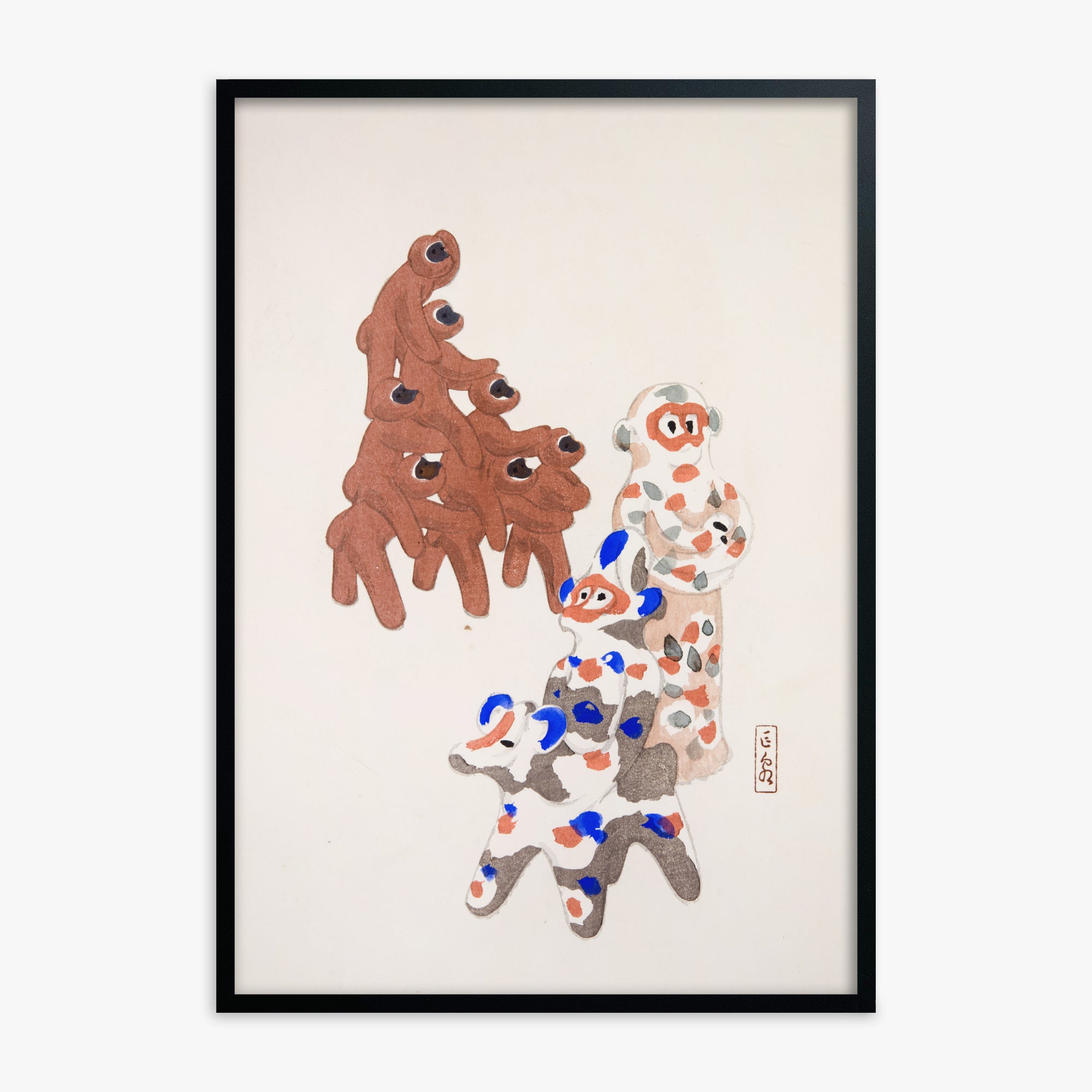 Kawasaki Kyosen: Kyosen’s Collected Illustrations of Japanese Toys Nr. 25 ("Clay Totem Duet"), Black Framed Art Reproduction With Black Frame
