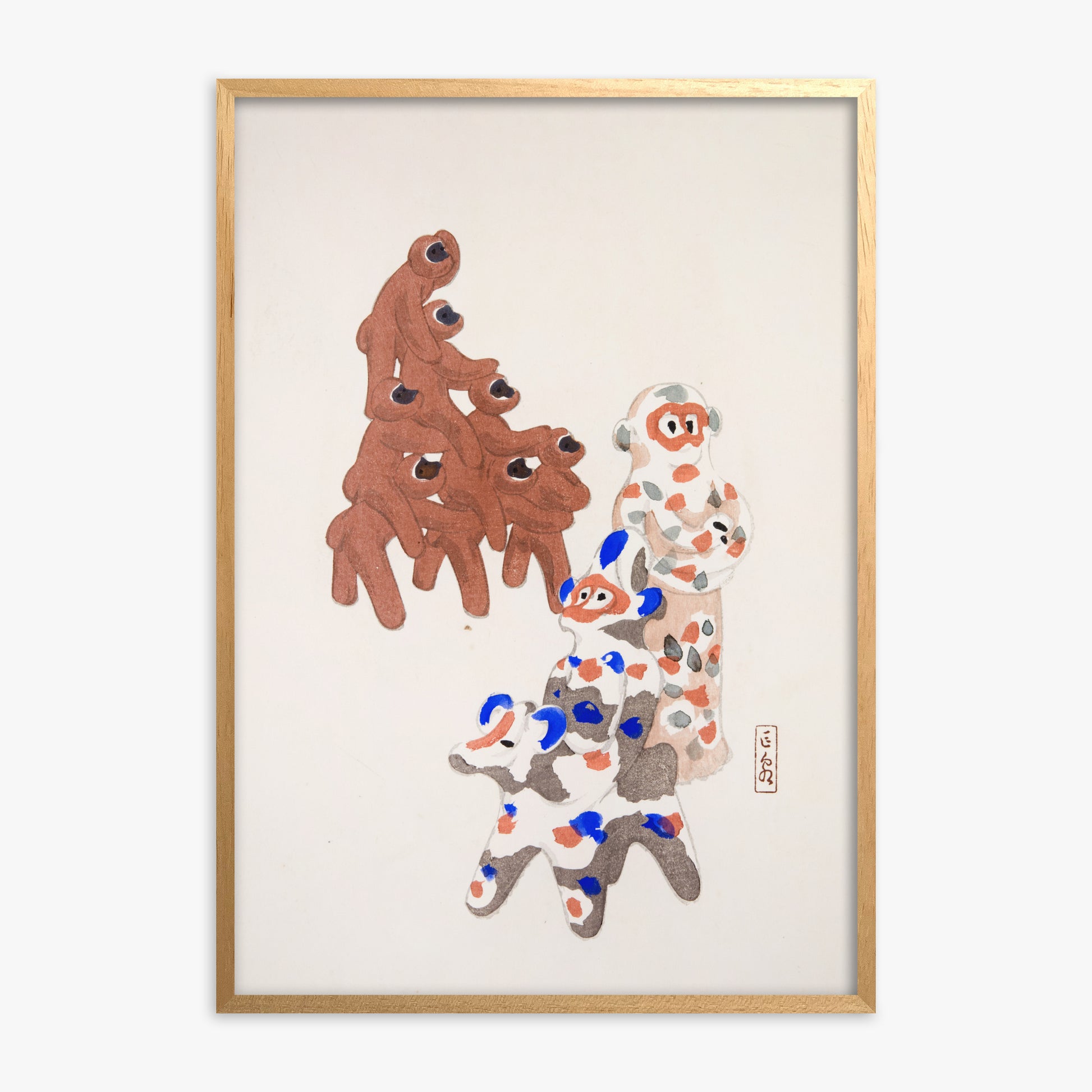 Kawasaki Kyosen: Kyosen’s Collected Illustrations of Japanese Toys Nr. 25 ("Clay Totem Duet"), Oak Framed Art Reproduction With Oak Frame