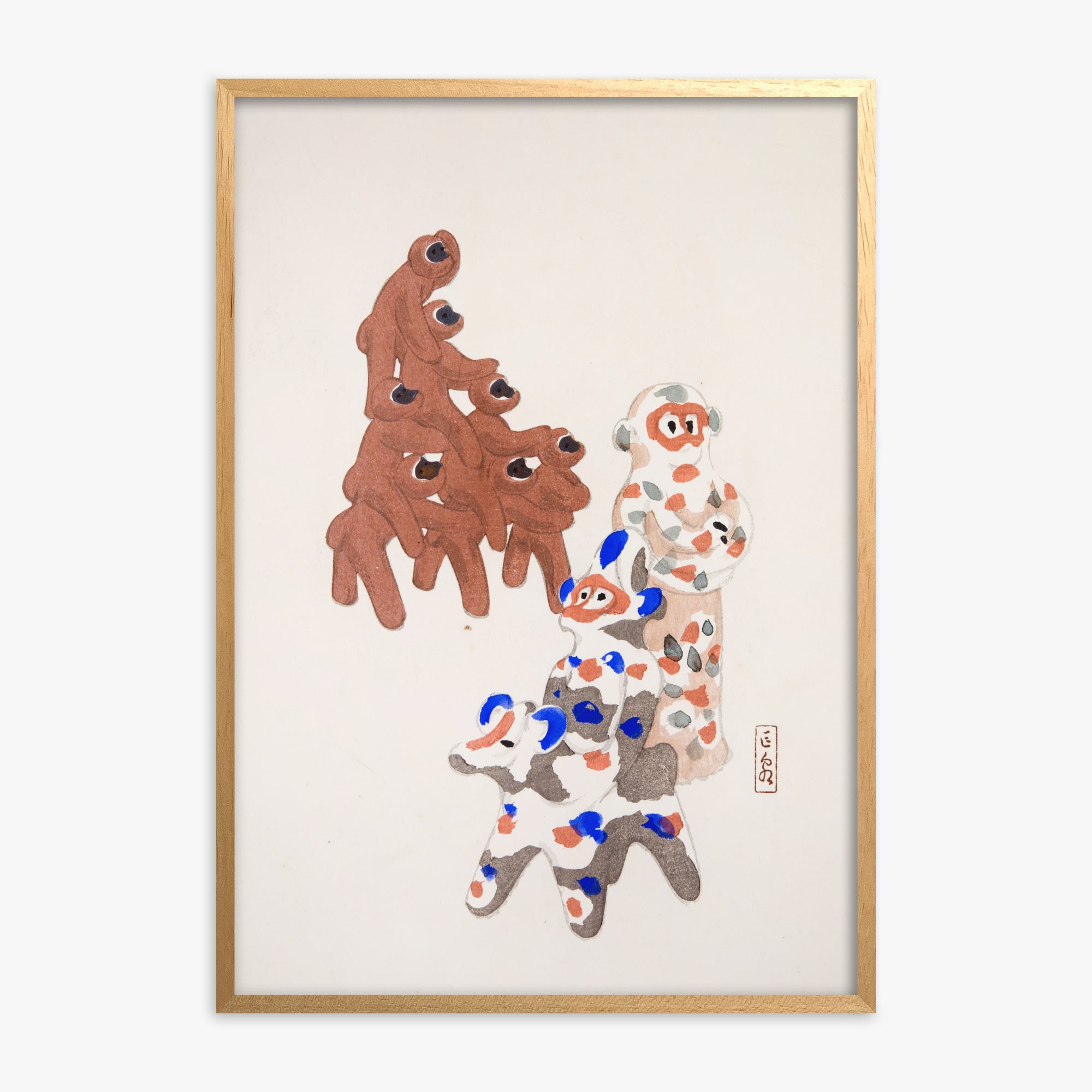 Kawasaki Kyosen: Kyosen’s Collected Illustrations of Japanese Toys Nr. 25 ("Clay Totem Duet"), Oak Framed Art Reproduction With Oak Frame