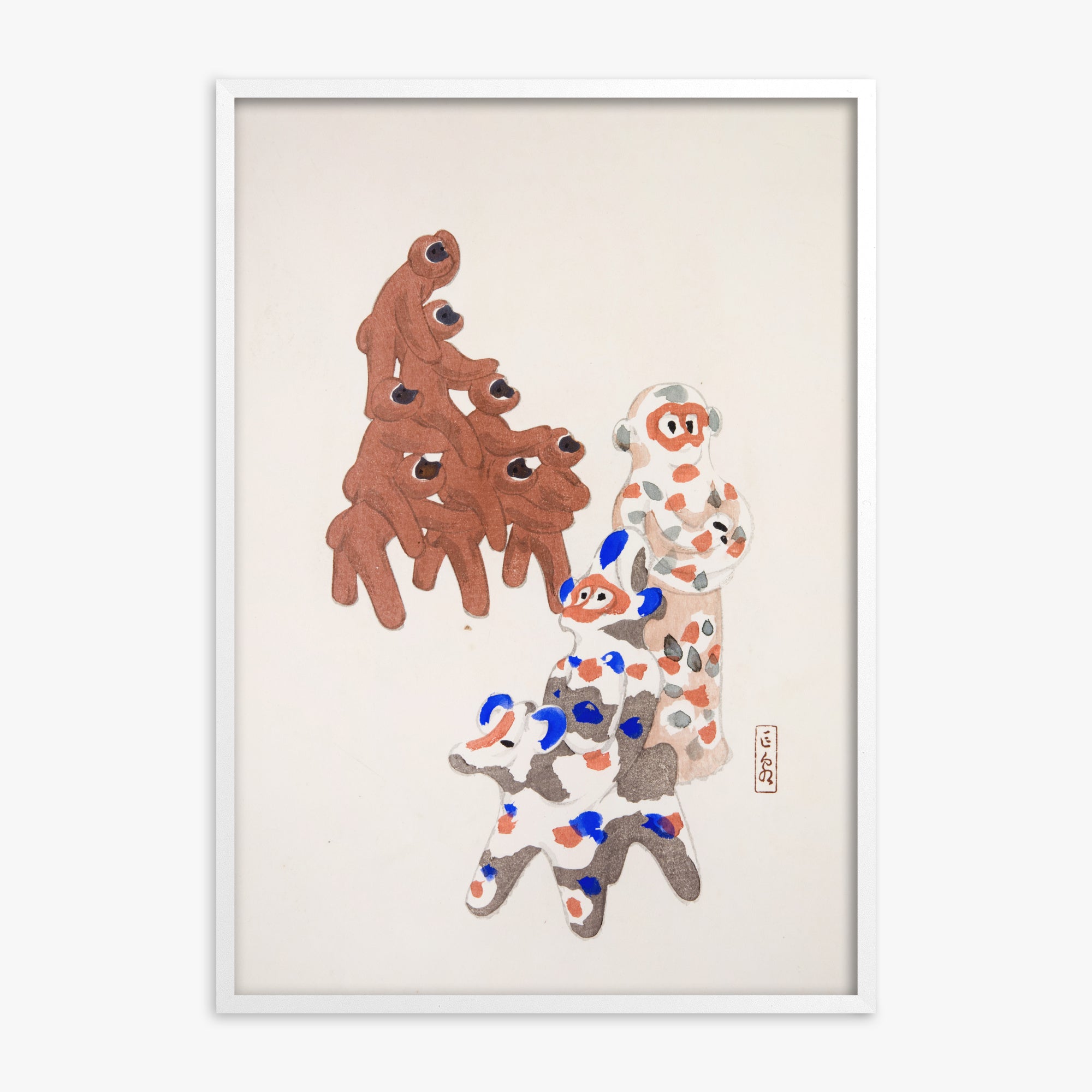 Kawasaki Kyosen: Kyosen’s Collected Illustrations of Japanese Toys Nr. 25 ("Clay Totem Duet"), White Framed Art Reproduction With White Frame