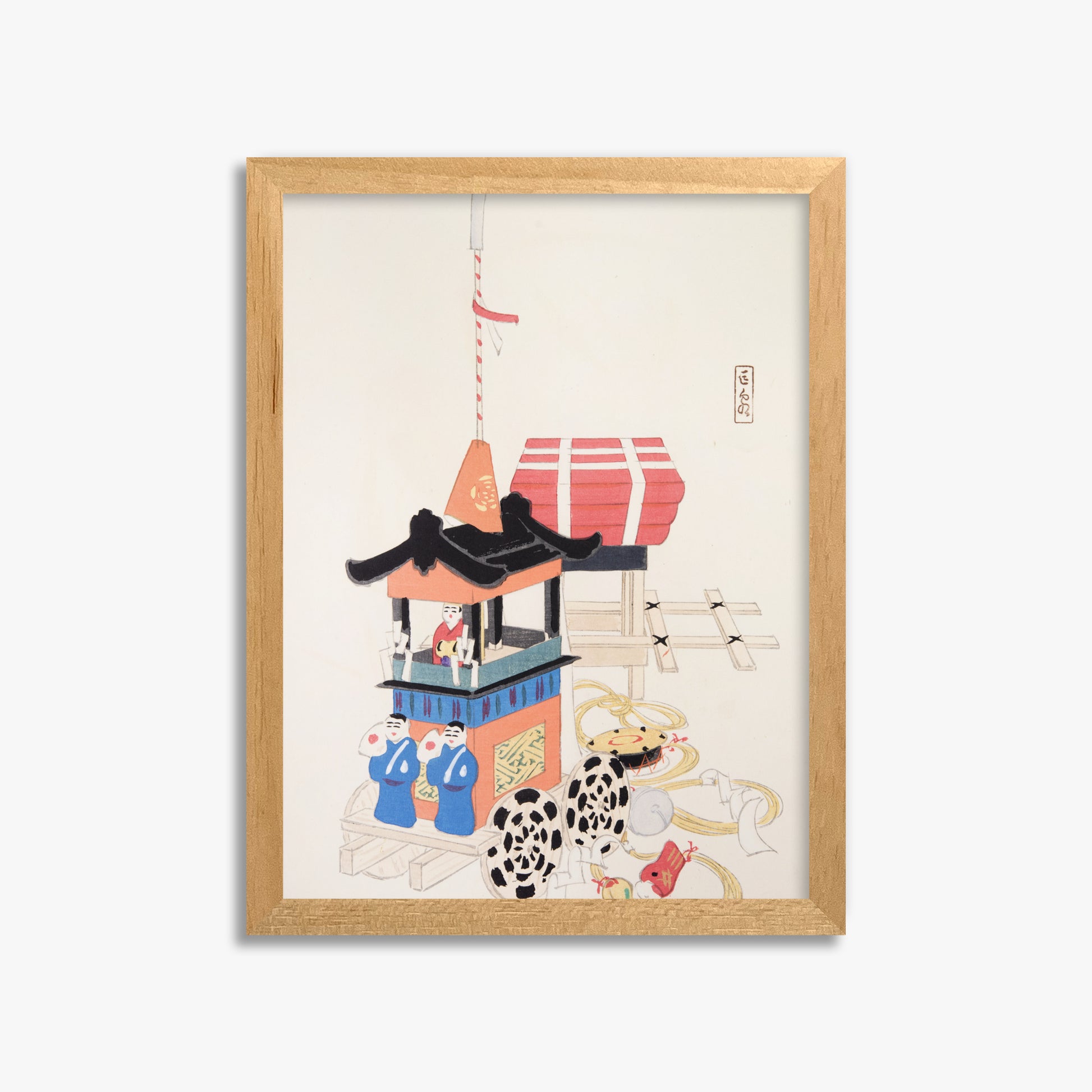 Kawasaki Kyosen: Kyosen’s Collected Illustrations of Japanese Toys Nr. 26 ("Ancient Festival Procession"), 30x40cm Framed Art Reproduction With Oak Frame