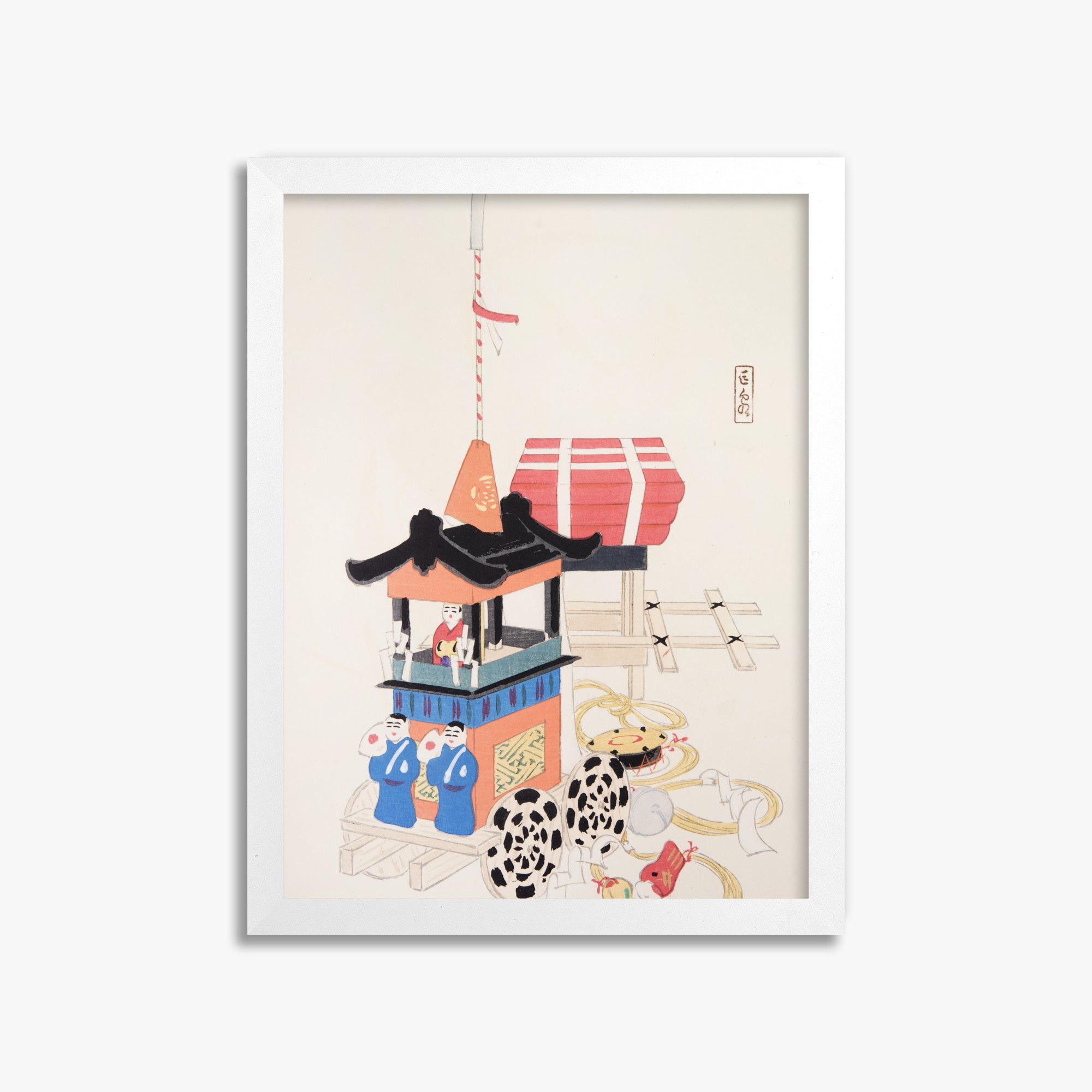 Kawasaki Kyosen: Kyosen’s Collected Illustrations of Japanese Toys Nr. 26 ("Ancient Festival Procession"), 30x40cm Framed Art Reproduction With White Frame