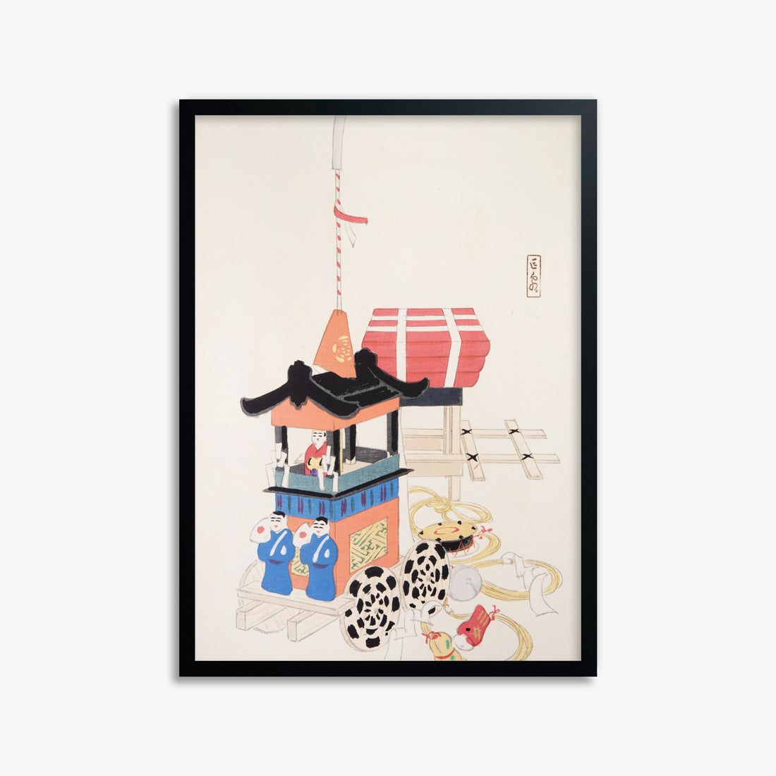 Kawasaki Kyosen: Kyosen’s Collected Illustrations of Japanese Toys Nr. 26 ("Ancient Festival Procession"), 50x70cm Framed Art Reproduction With Black Frame