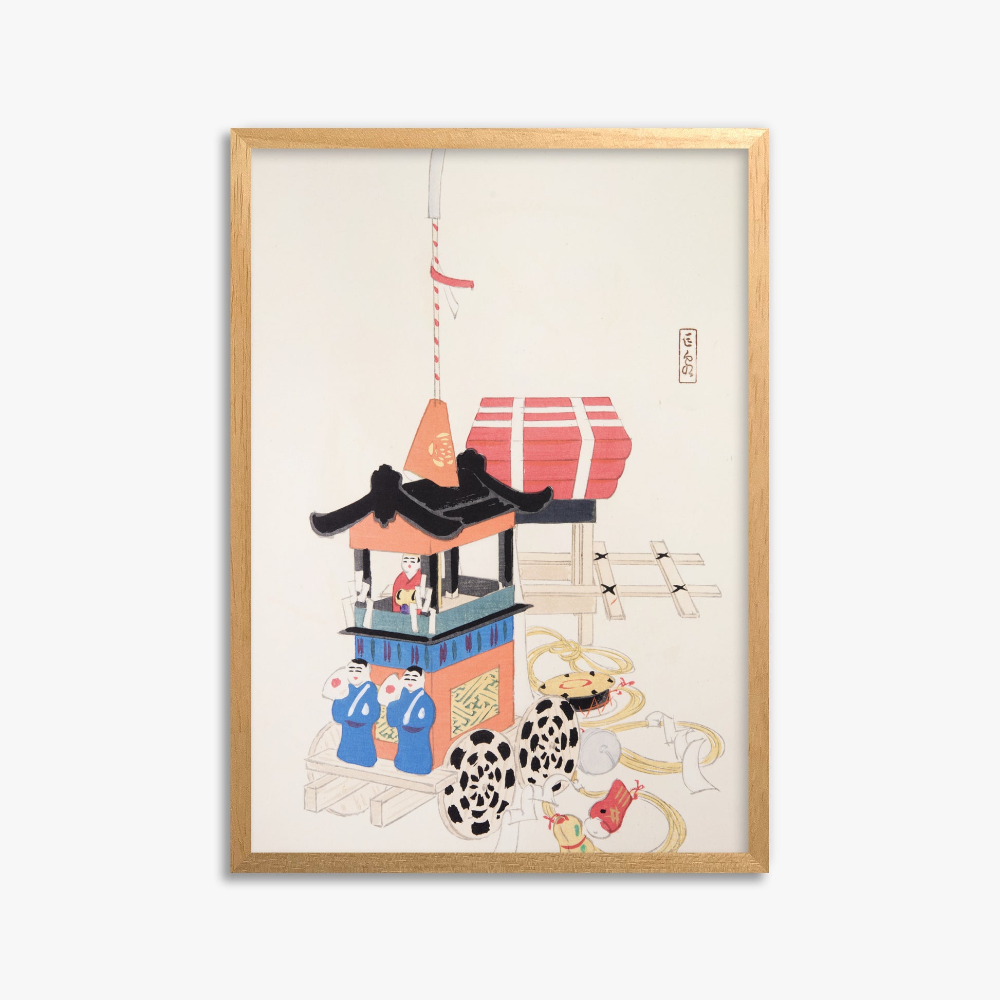 Kawasaki Kyosen: Kyosen’s Collected Illustrations of Japanese Toys Nr. 26 ("Ancient Festival Procession"), 50x70cm Framed Art Reproduction With Oak Frame