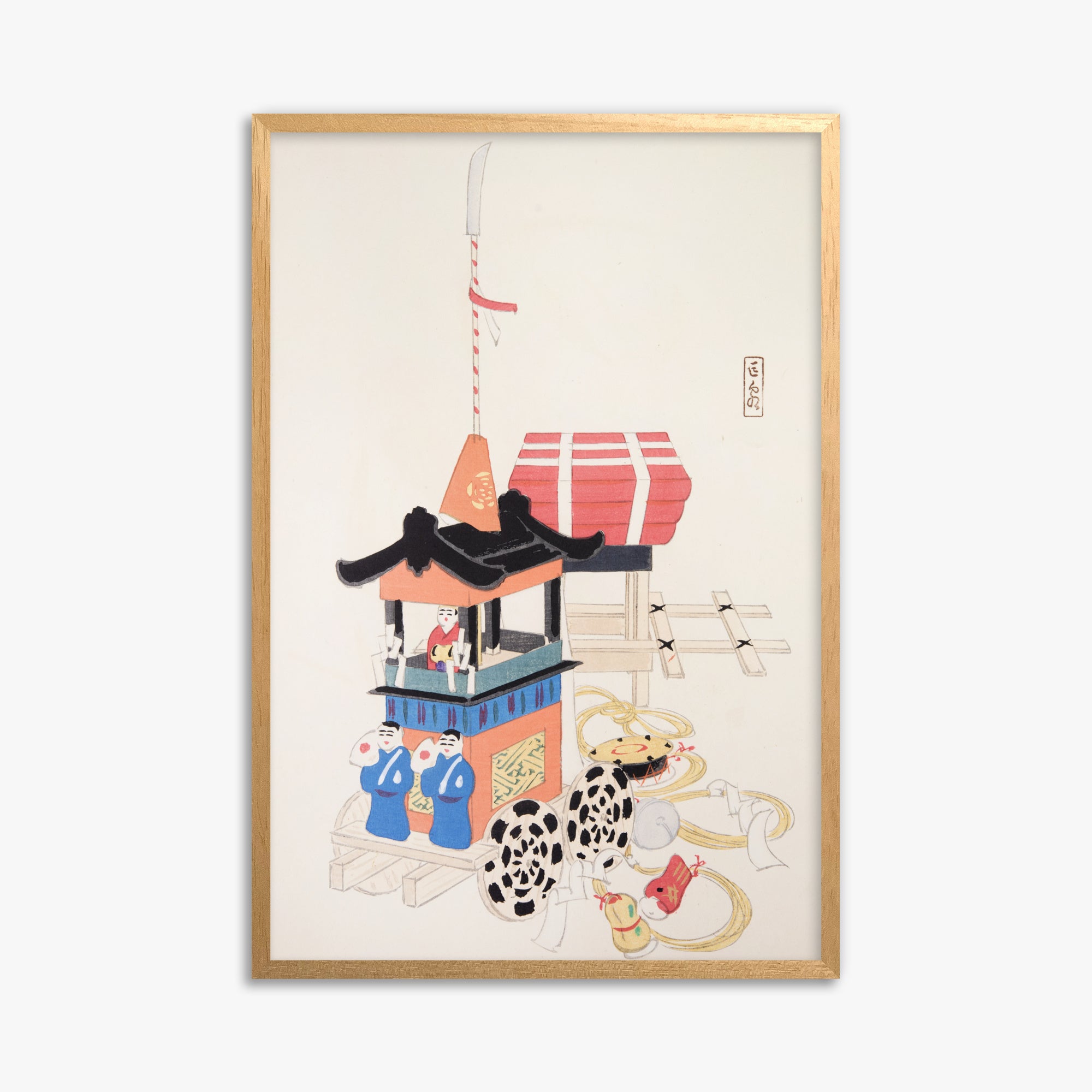 Kawasaki Kyosen: Kyosen’s Collected Illustrations of Japanese Toys Nr. 26 ("Ancient Festival Procession"), 61x91cm Framed Art Reproduction With Oak Frame