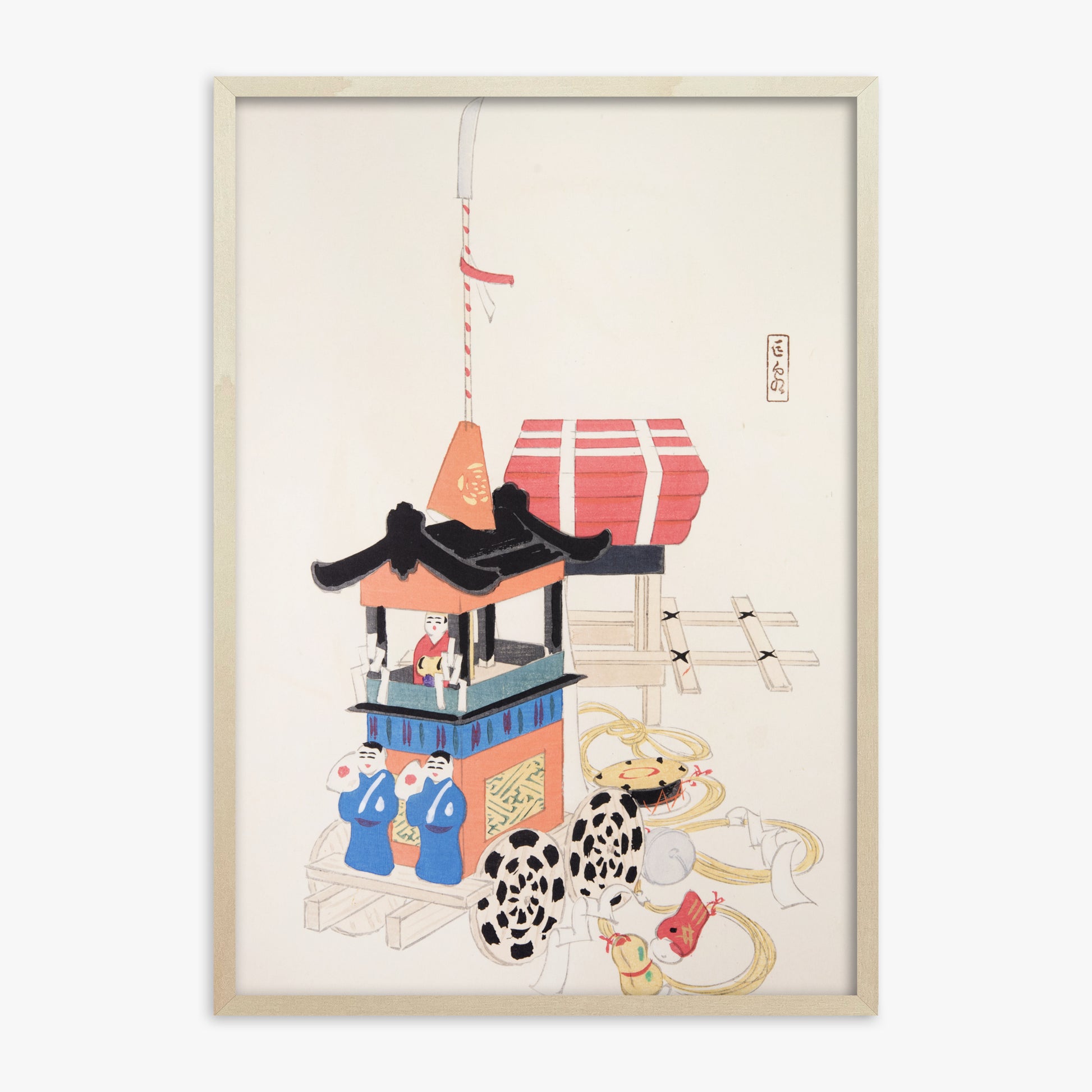 Kawasaki Kyosen: Kyosen’s Collected Illustrations of Japanese Toys Nr. 26 ("Ancient Festival Procession"), 70x100cm Framed Art Reproduction With Lime Wood Frame
