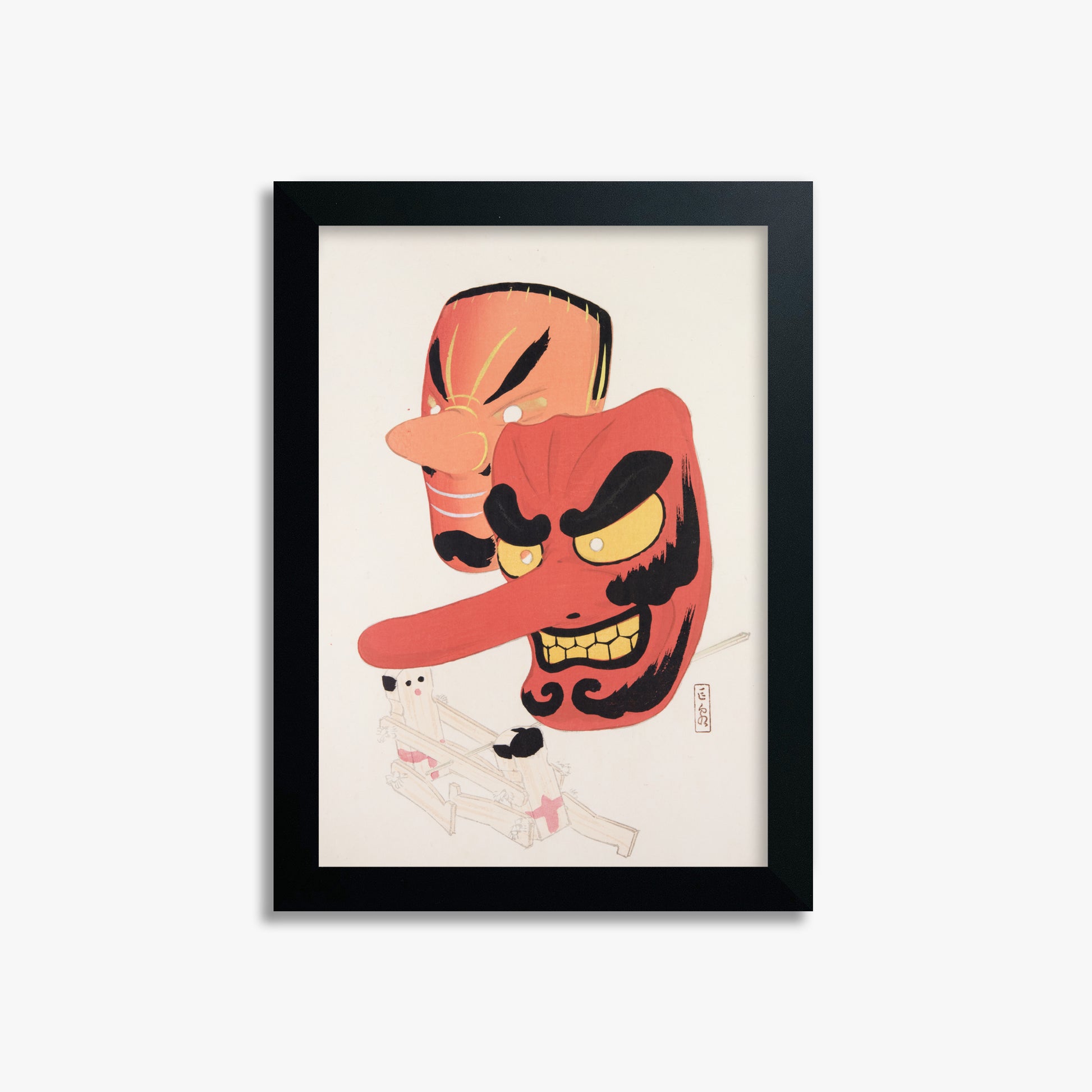 Kawasaki Kyosen: Kyosen’s Collected Illustrations of Japanese Toys Nr. 27 ("Tengu Spirit Masks"), 21x30cm Framed Art Reproduction With Black Frame