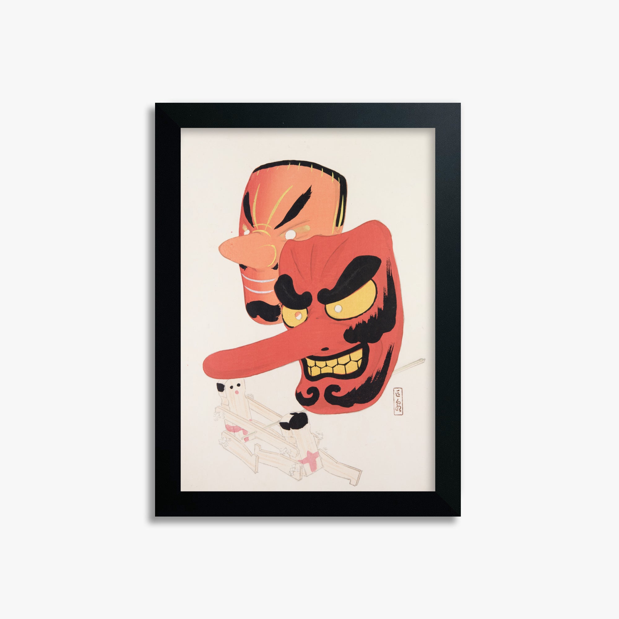 Kawasaki Kyosen: Kyosen’s Collected Illustrations of Japanese Toys Nr. 27 ("Tengu Spirit Masks"), 21x30cm Framed Art Reproduction With Black Frame