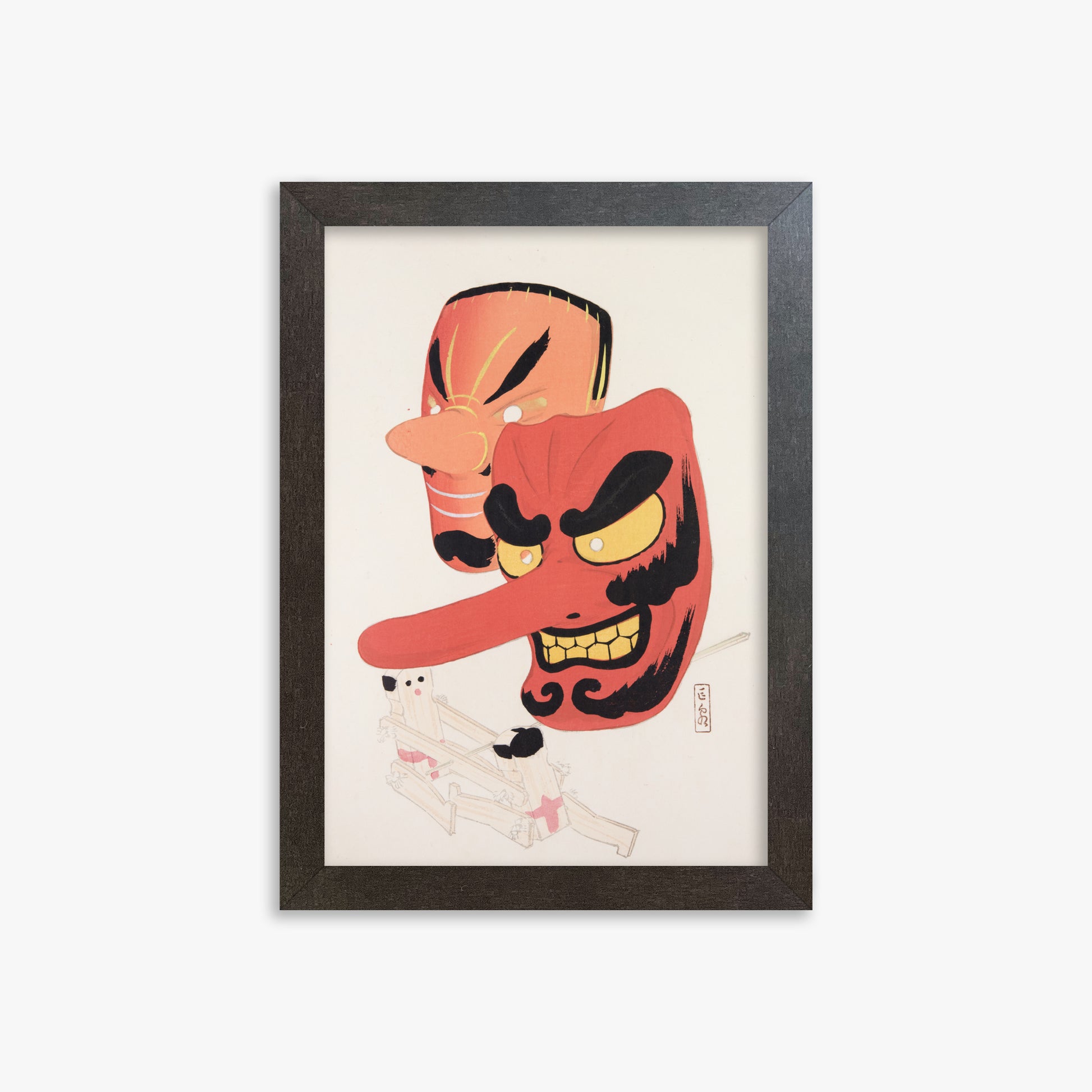 Kawasaki Kyosen: Kyosen’s Collected Illustrations of Japanese Toys Nr. 27 ("Tengu Spirit Masks"), 21x30cm Framed Art Reproduction With Espresso Frame