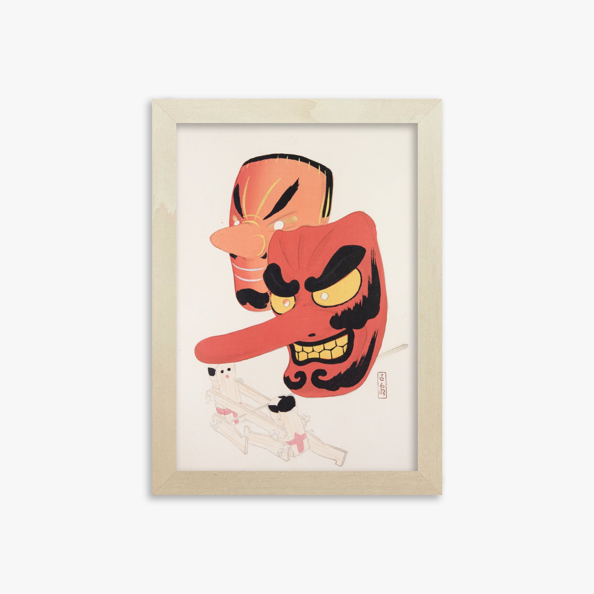 Kawasaki Kyosen: Kyosen’s Collected Illustrations of Japanese Toys Nr. 27 ("Tengu Spirit Masks"), 21x30cm Framed Art Reproduction With Lime Wood Frame