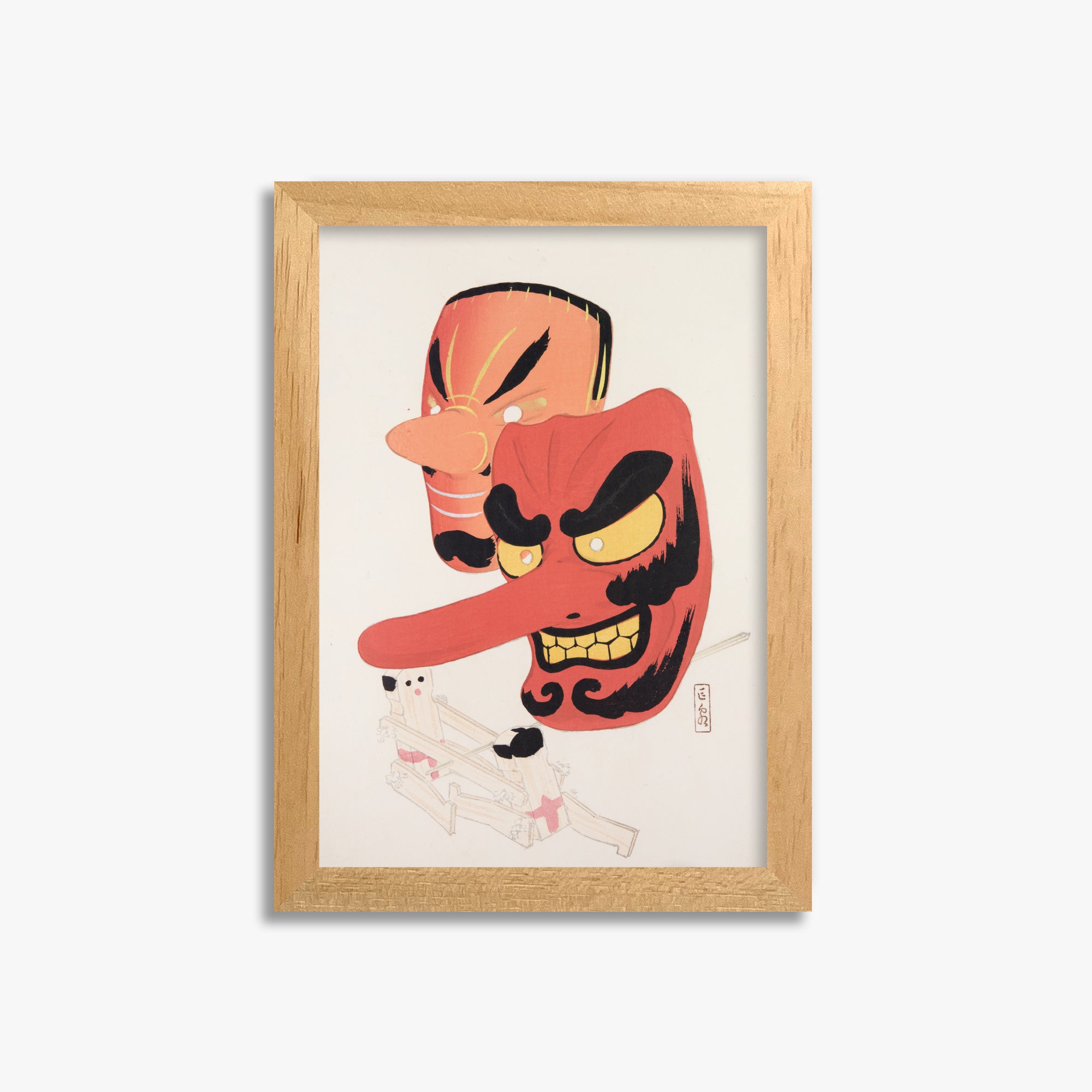 Kawasaki Kyosen: Kyosen’s Collected Illustrations of Japanese Toys Nr. 27 ("Tengu Spirit Masks"), 21x30cm Framed Art Reproduction With Oak Frame